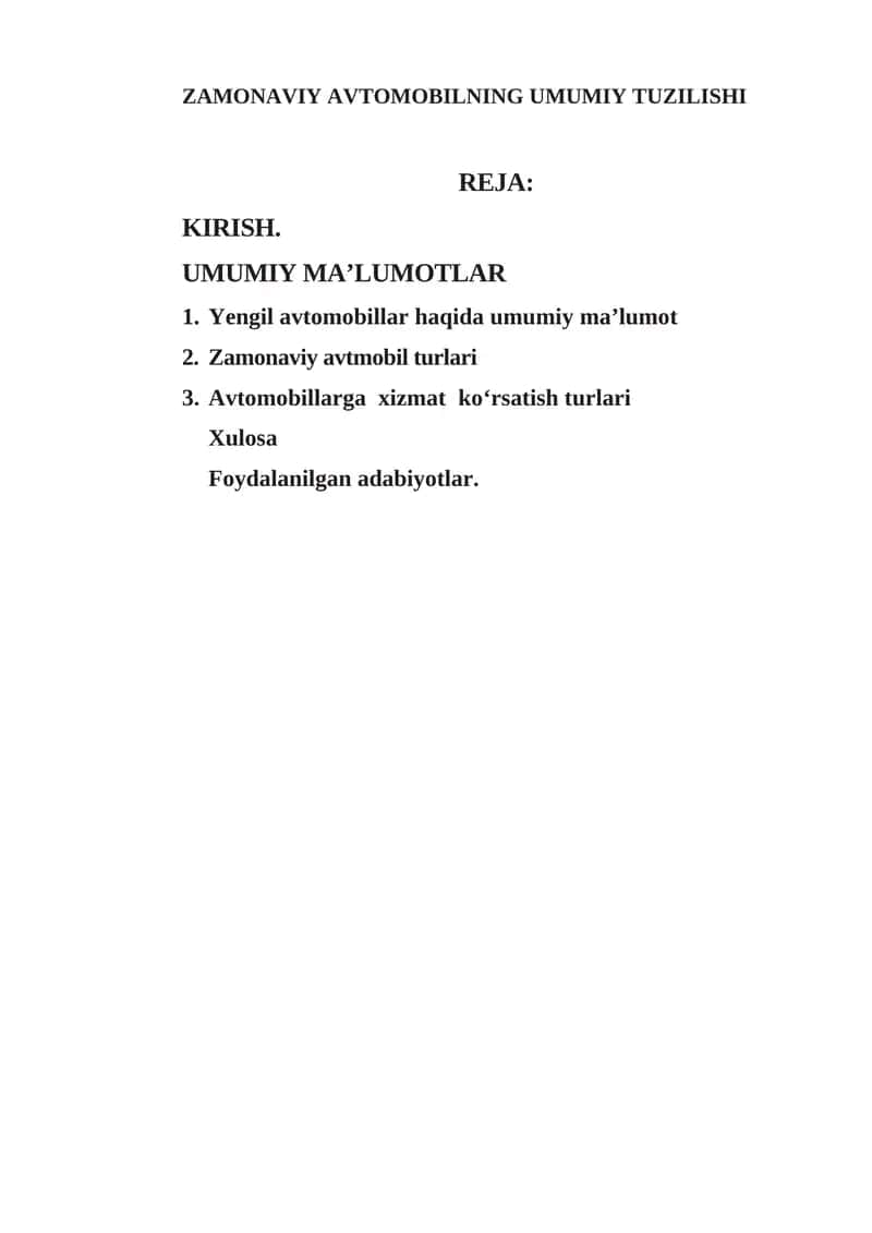 ZAMONAVIY AVTOMOBILNING UMUMIY TUZILISHI