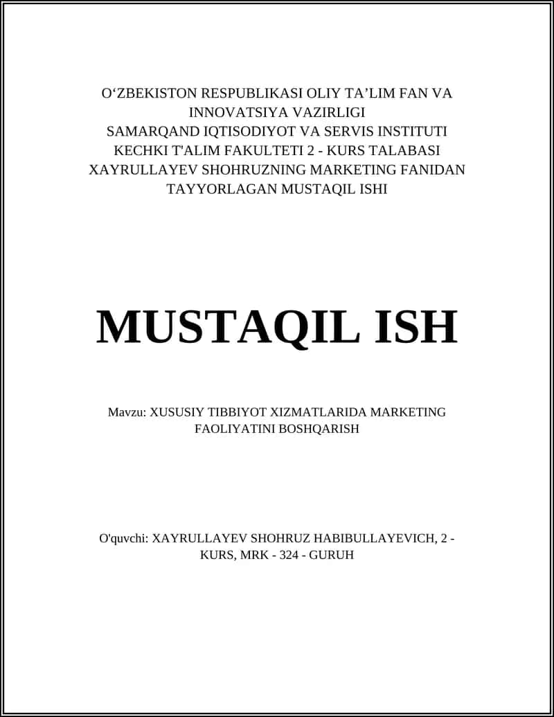 XUSUSIY TIBBIYOT XIZMATLARIDA MARKETING FAOLIYATINI BOSHQARISH