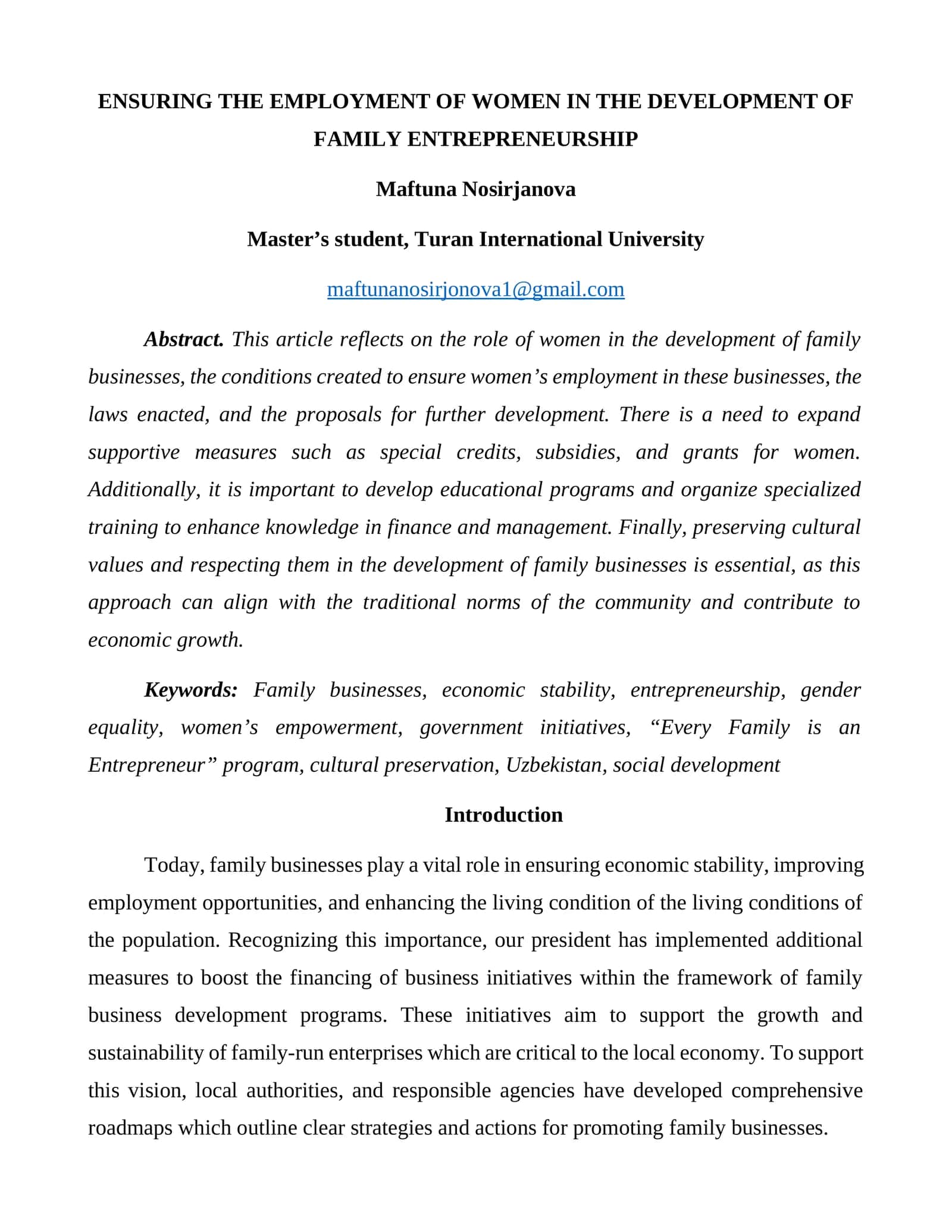 Ensuring the Employment of Women in the Development of Family Entrepreneurship