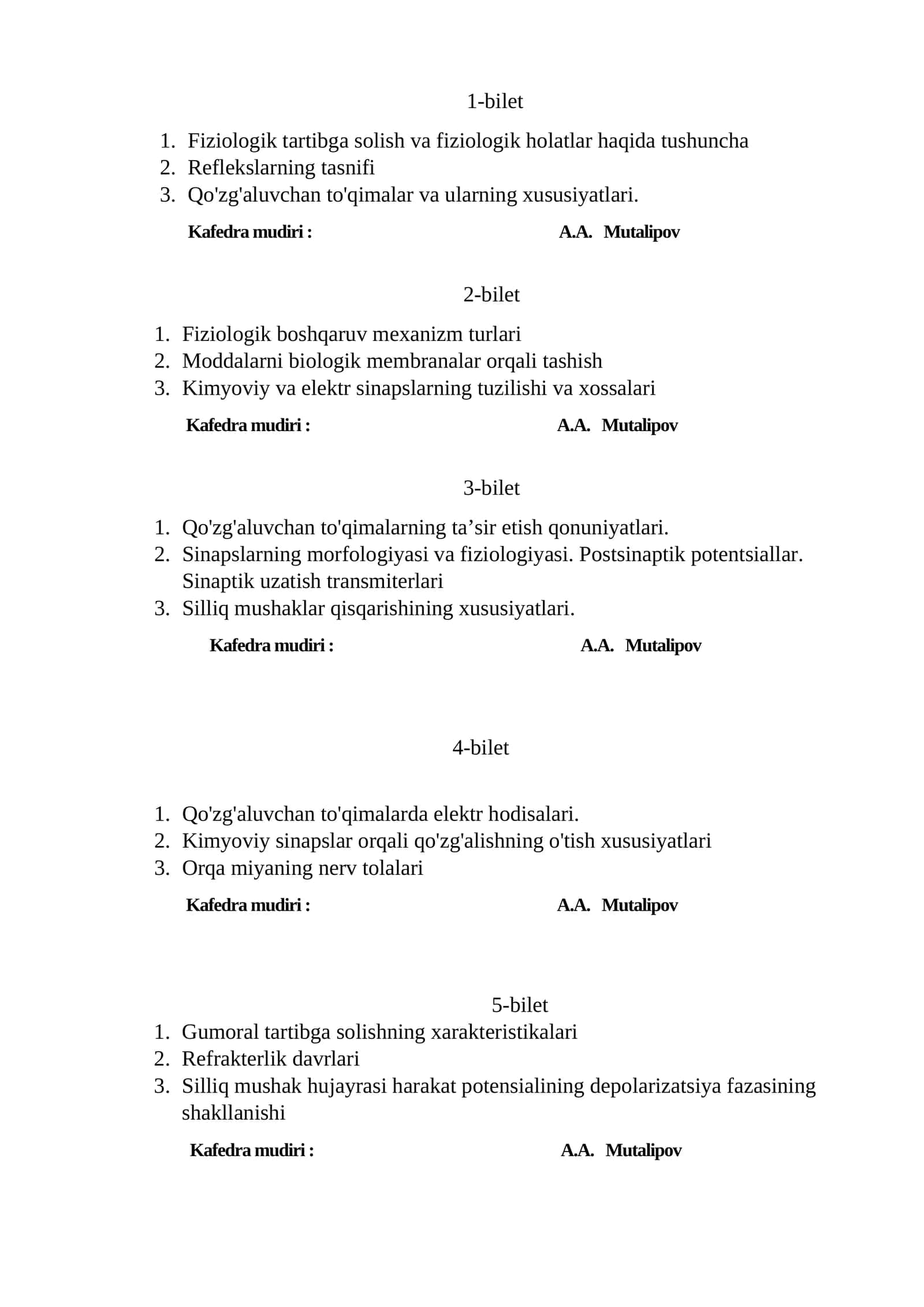 Fiziologiya bilimlari imtihon biletleri