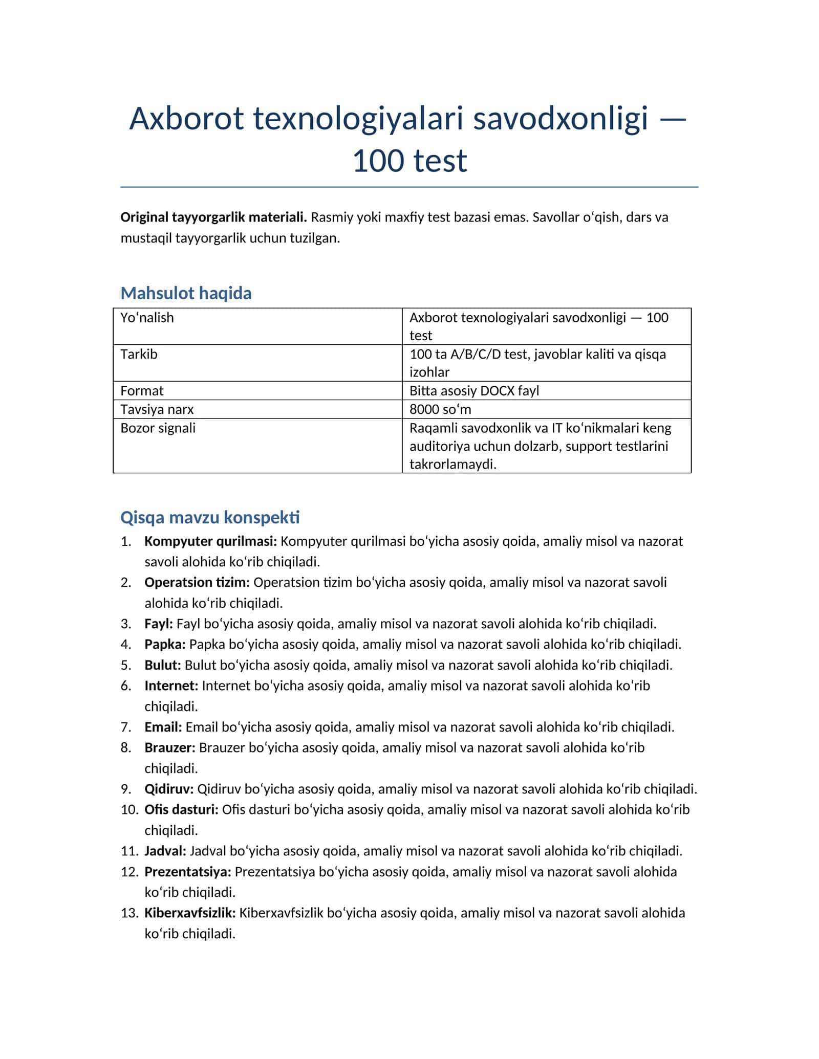 Axborot texnologiyalari savodxonligi — 100 test