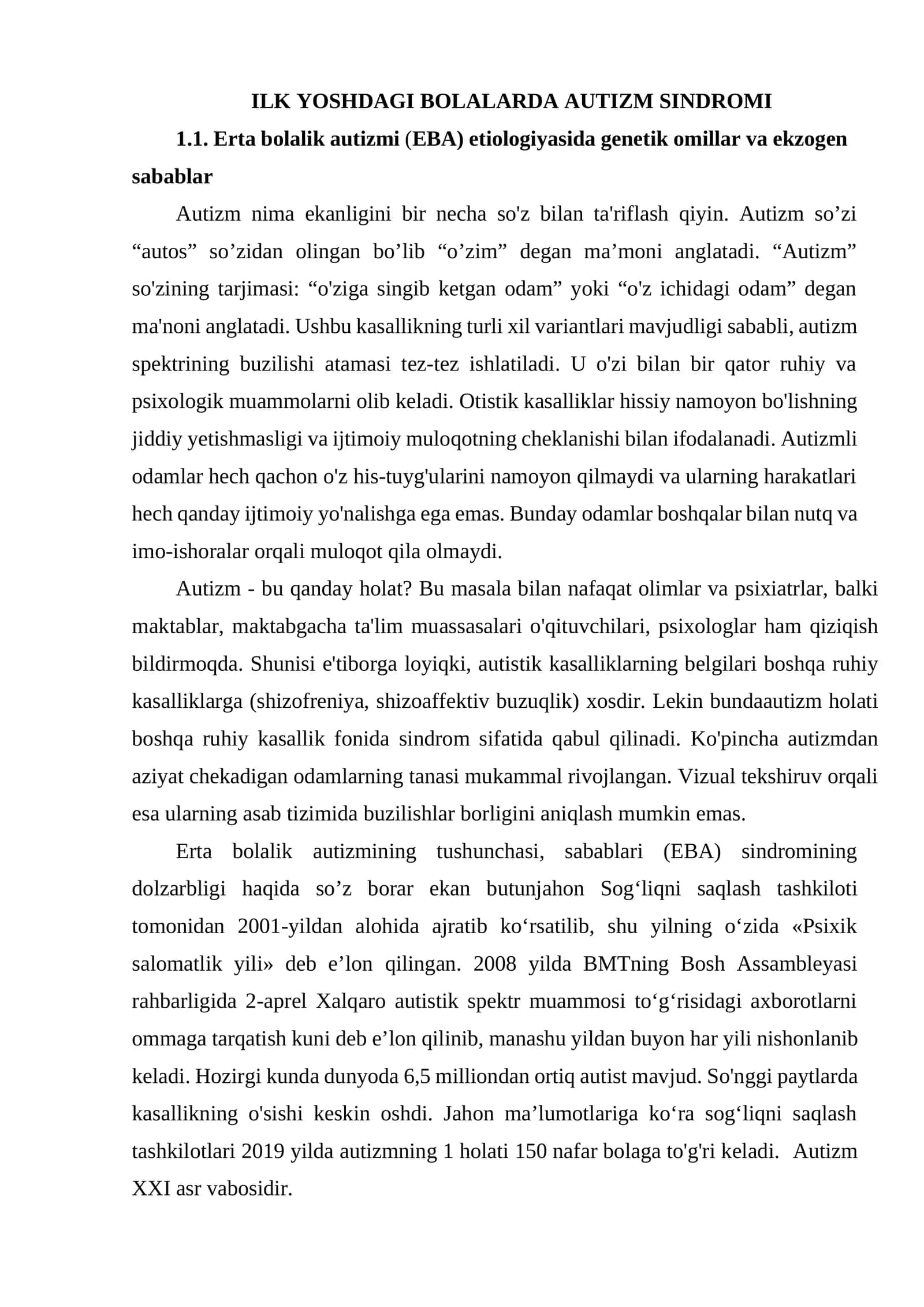 ILK YOSHDAGI BOLALARDA AUTIZM SINDROMI