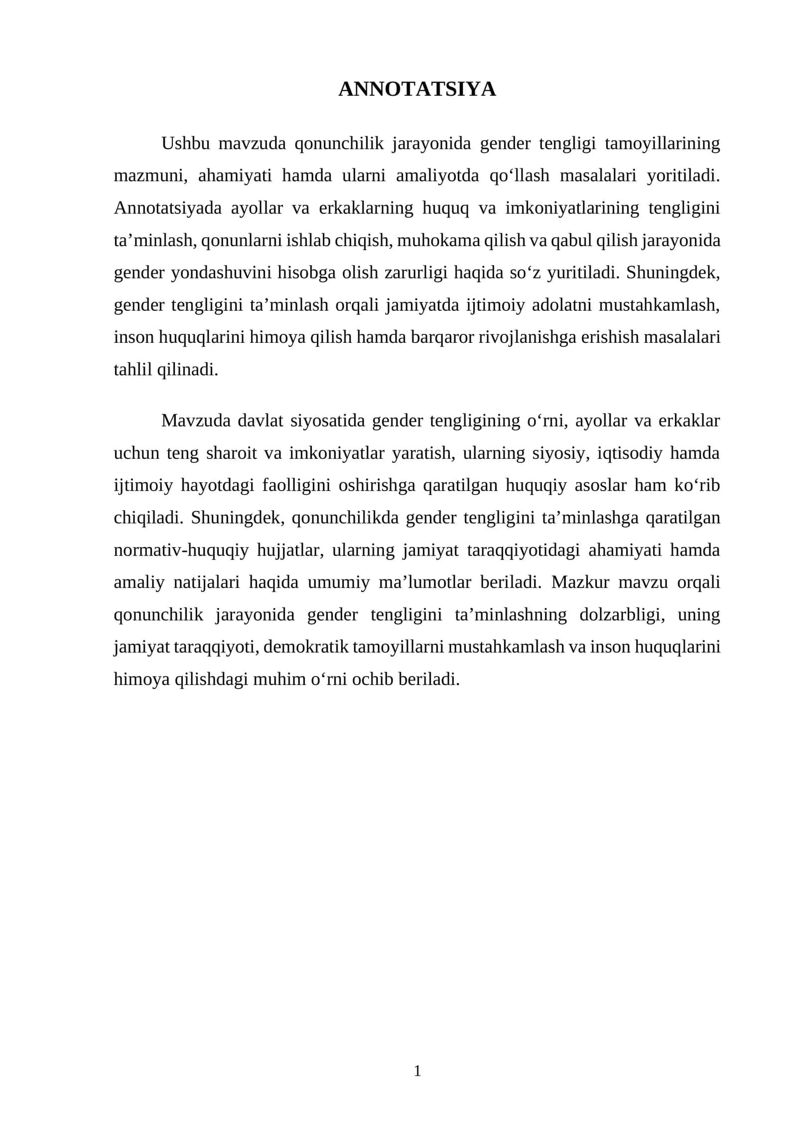 Gender tengligi jarayonida qonunchilik
