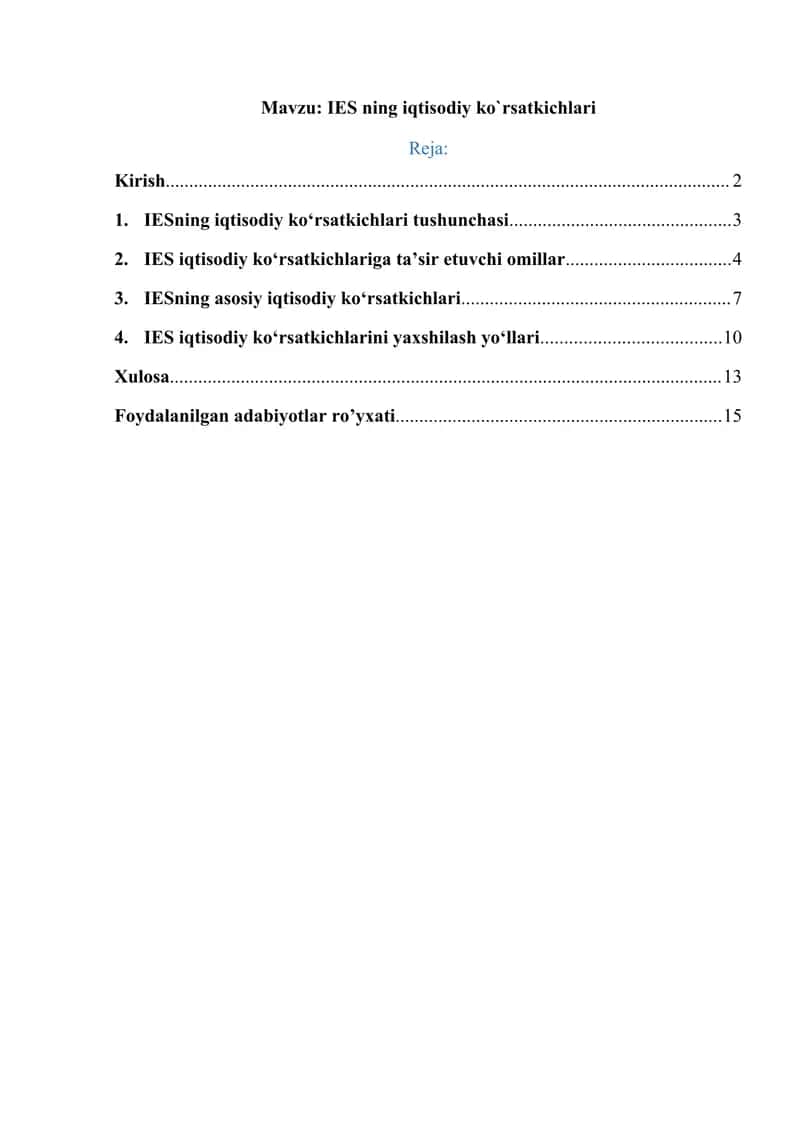 IES ning iqtisodiy koʻrsatkichlari