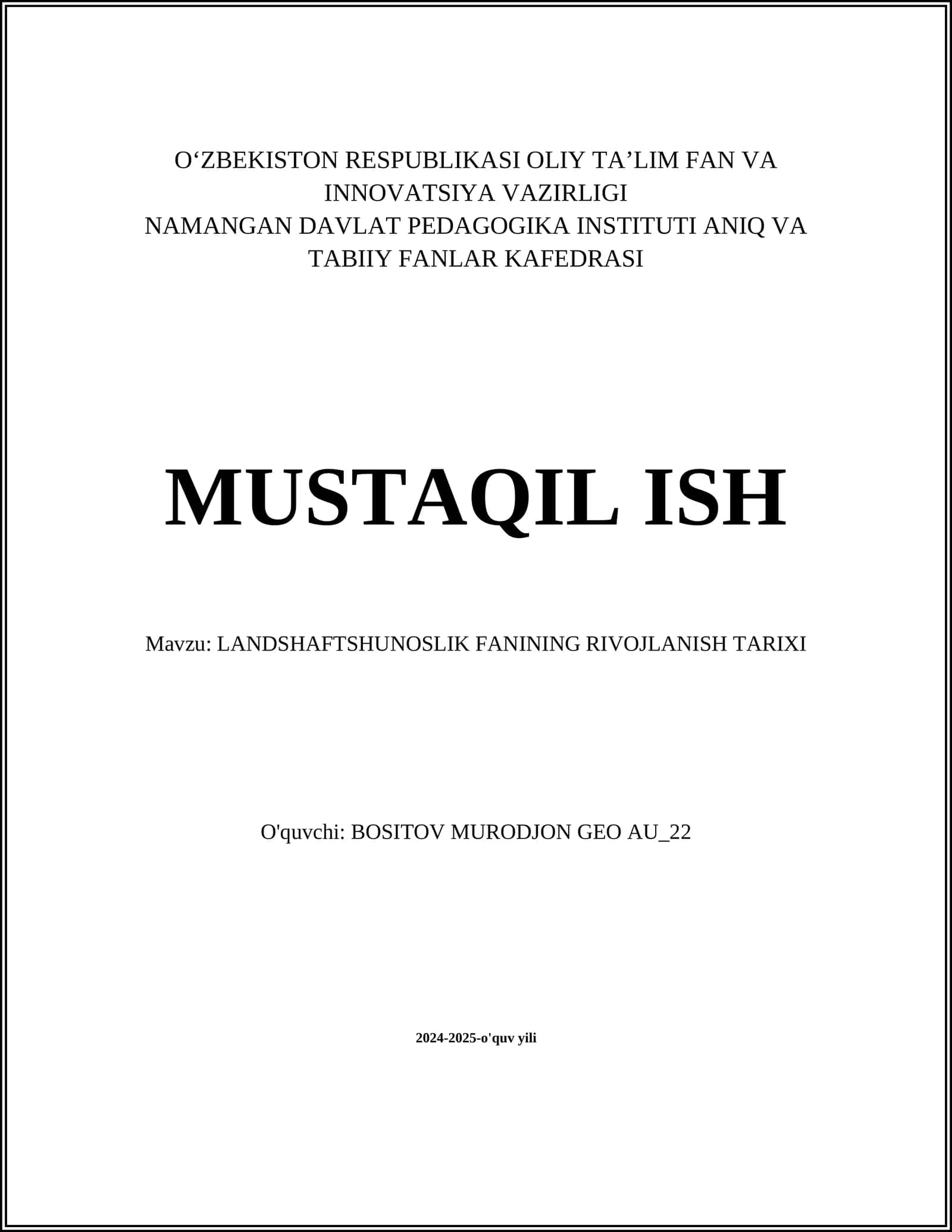 LANDSHAFTSHUNOSLIK FANINING RIVOJLANISH TARIXI