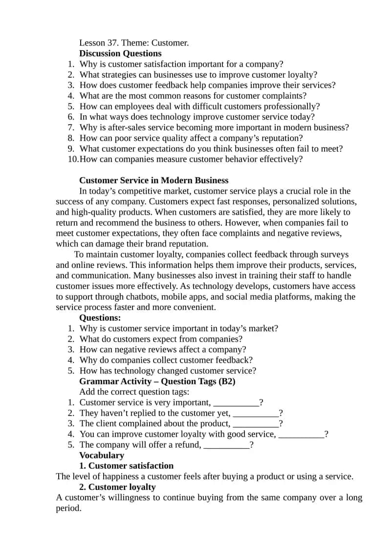 Lesson 37: Customer Service in Modern Business