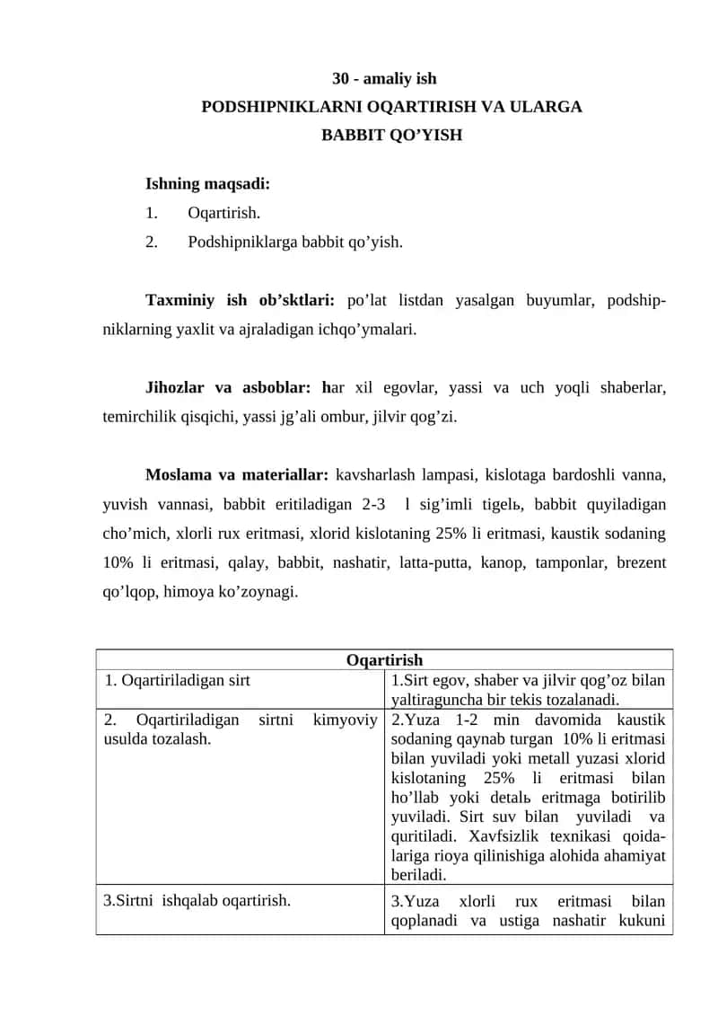 Podshipniklarni Oqartirish va Ularga Babbit Qo'yish