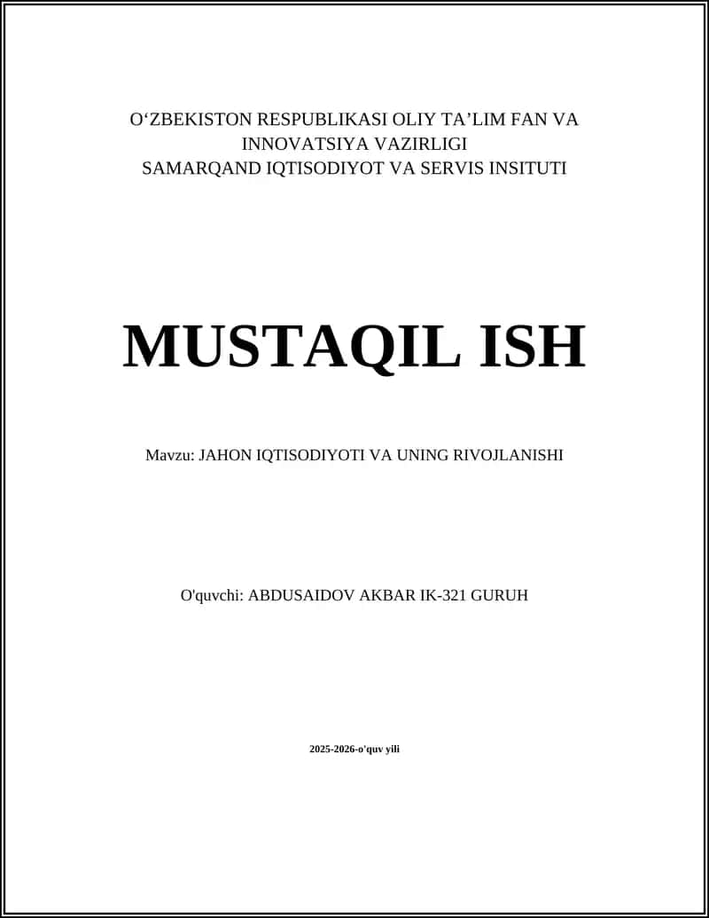JAHON IQTISODIYOTI VA UNING RIVOJLANISHI