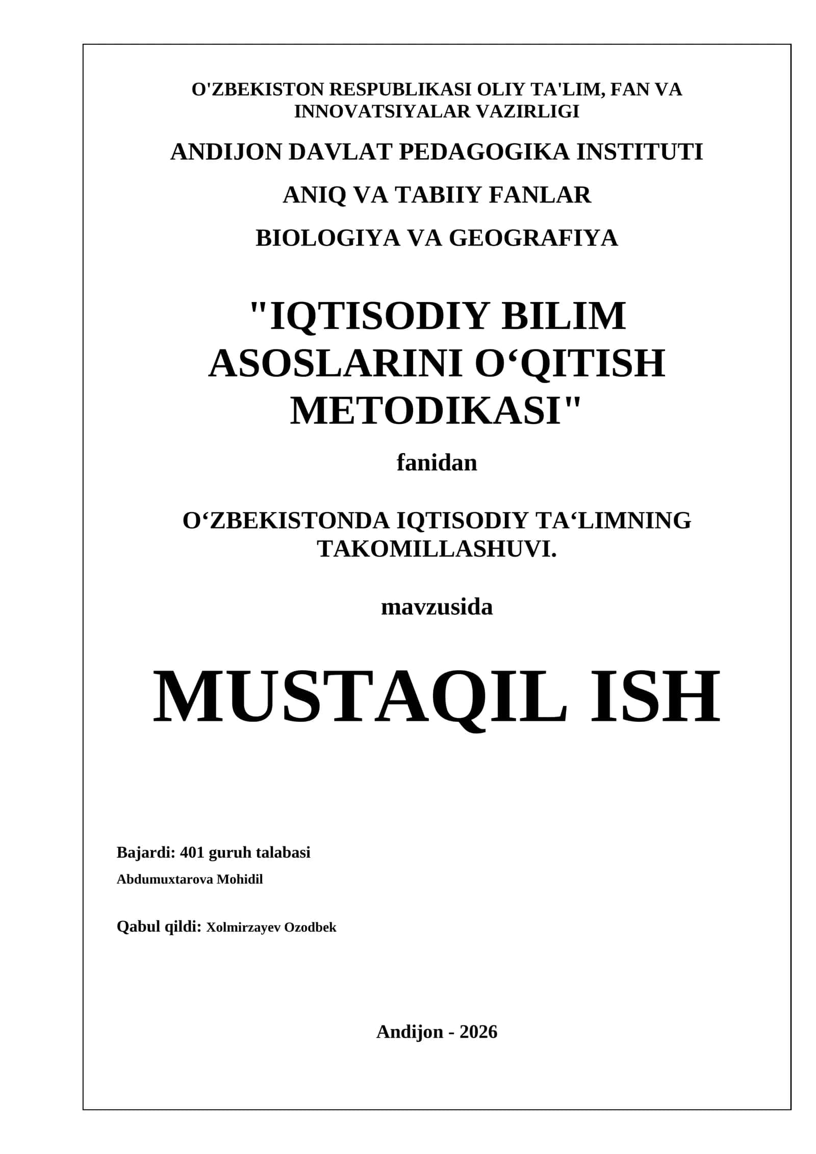 IQTISODIY BILIM ASOSLARINI OʻQITISH METODIKASI
