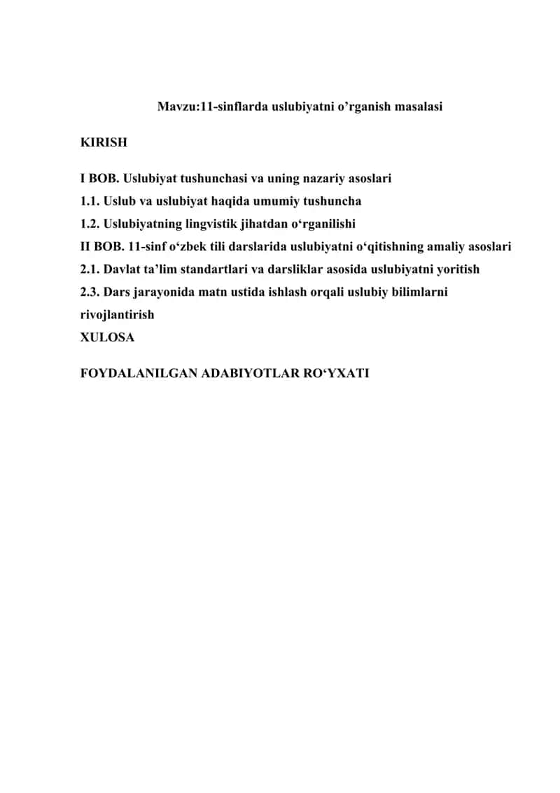 11-sinflarda uslubiyatni o’rganish masalasi