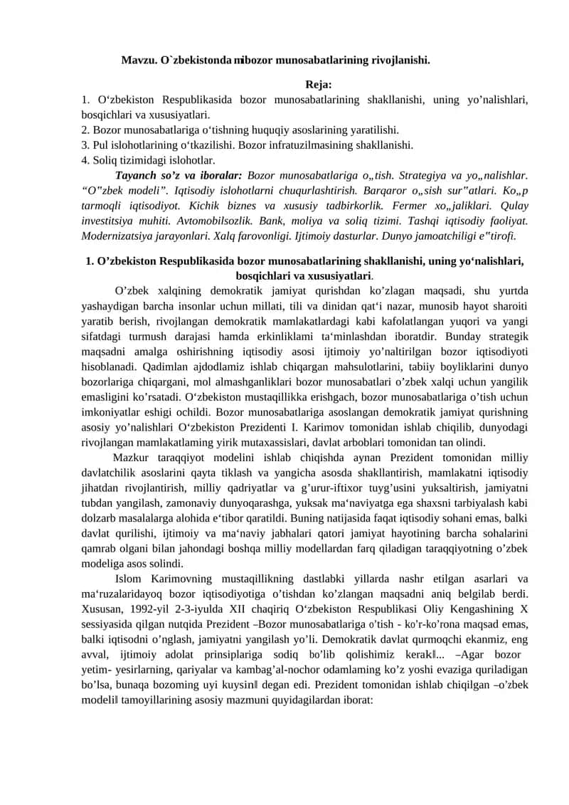 O`zbekistonda mibozor munosabatlarining rivojlanishi