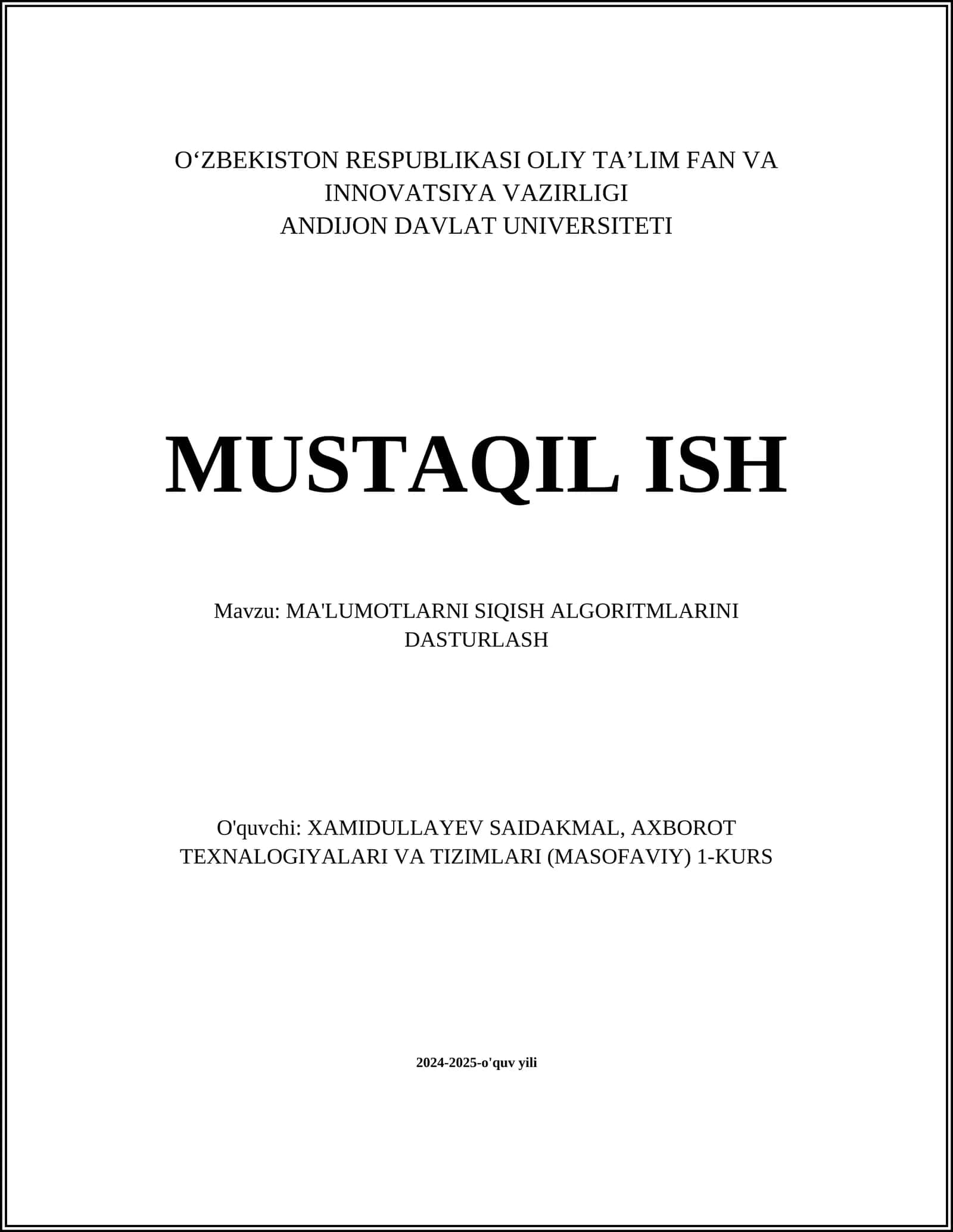 MA'LUMOTLARNI SIQISH ALGORITMLARINI DASTURLASH