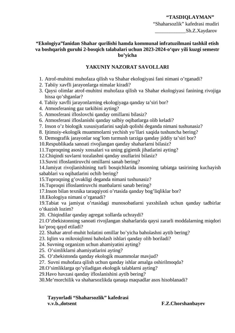 Ekologiya fanidan Shahar qurilishi hamda kommunal infratuzilmani tashkil etish va boshqarish guruhi 2-bosqich talabalari uchun 2023-2024-o‘quv yili kuzgi semestr bo’yicha