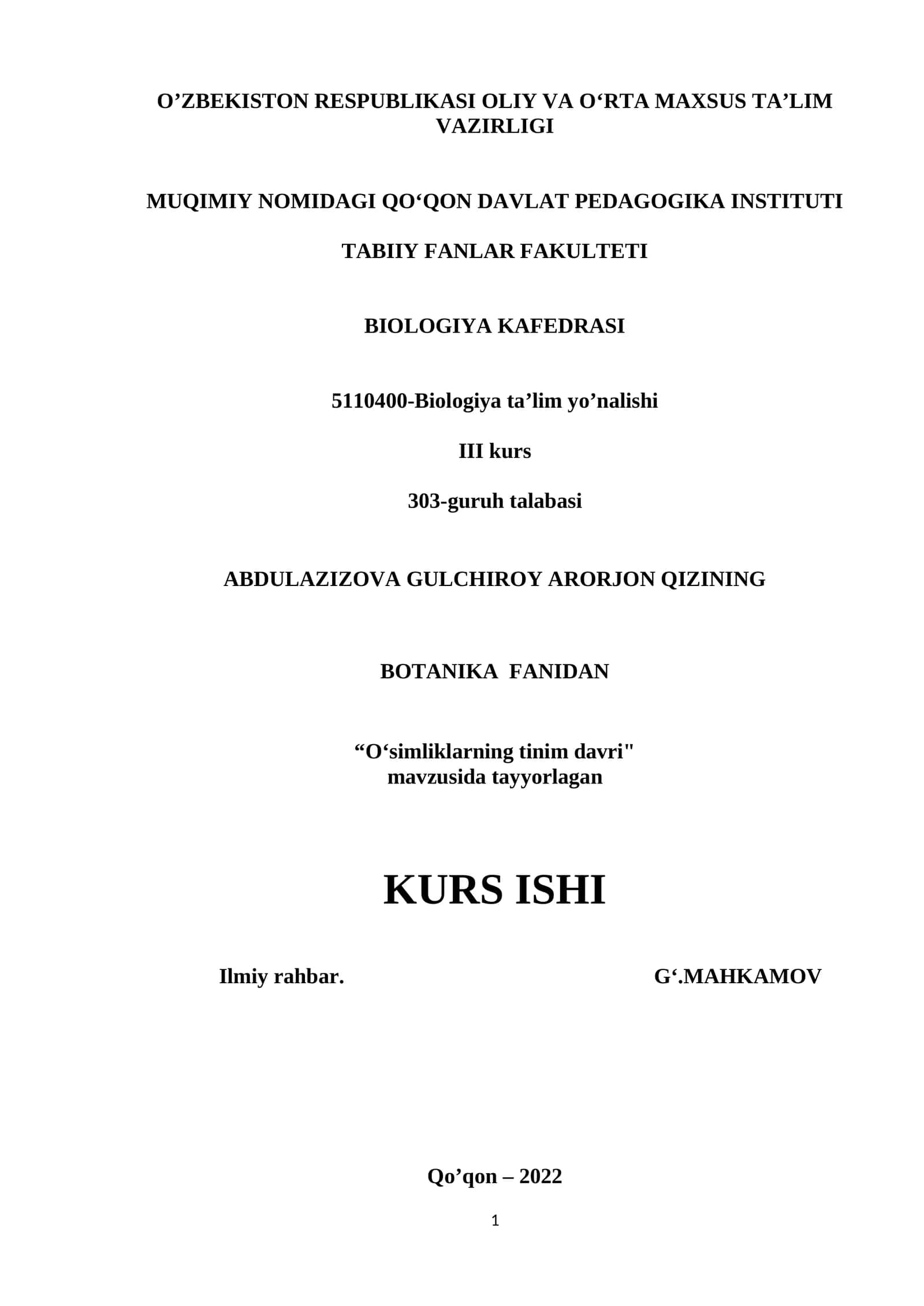 O‘simliklarning tinim davri KURS ISHI