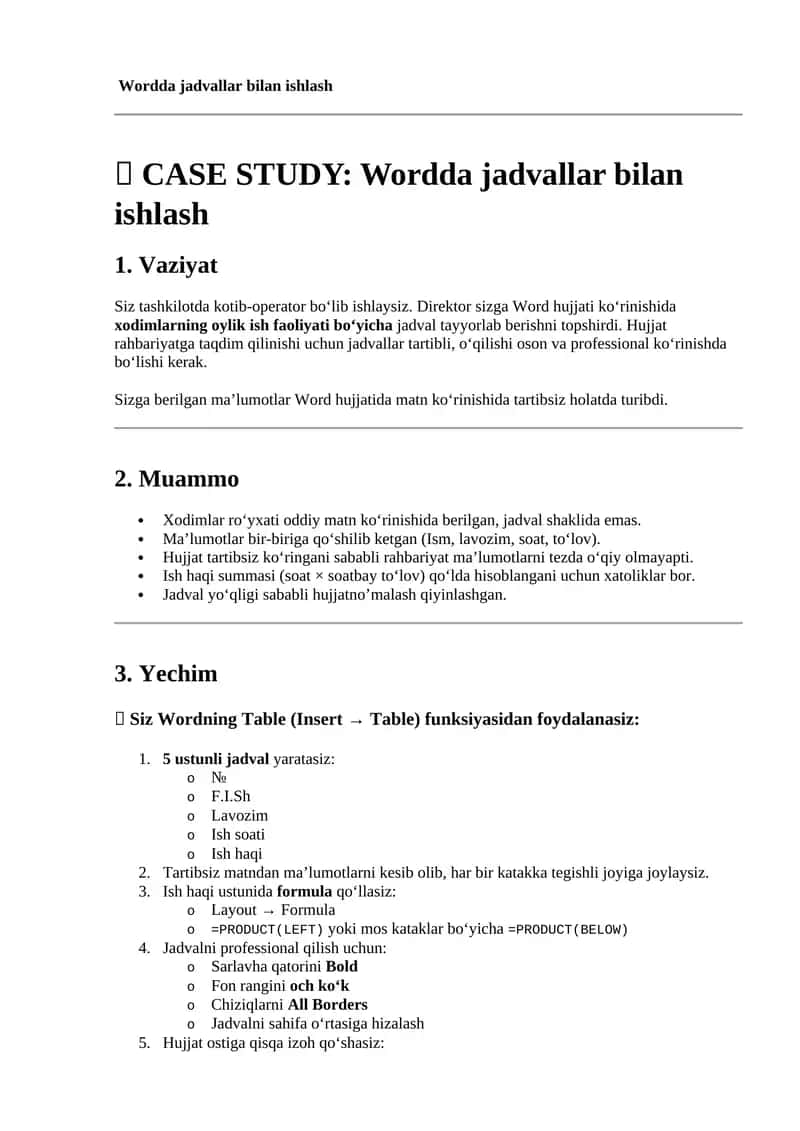 Wordda jadvallar bilan ishlash