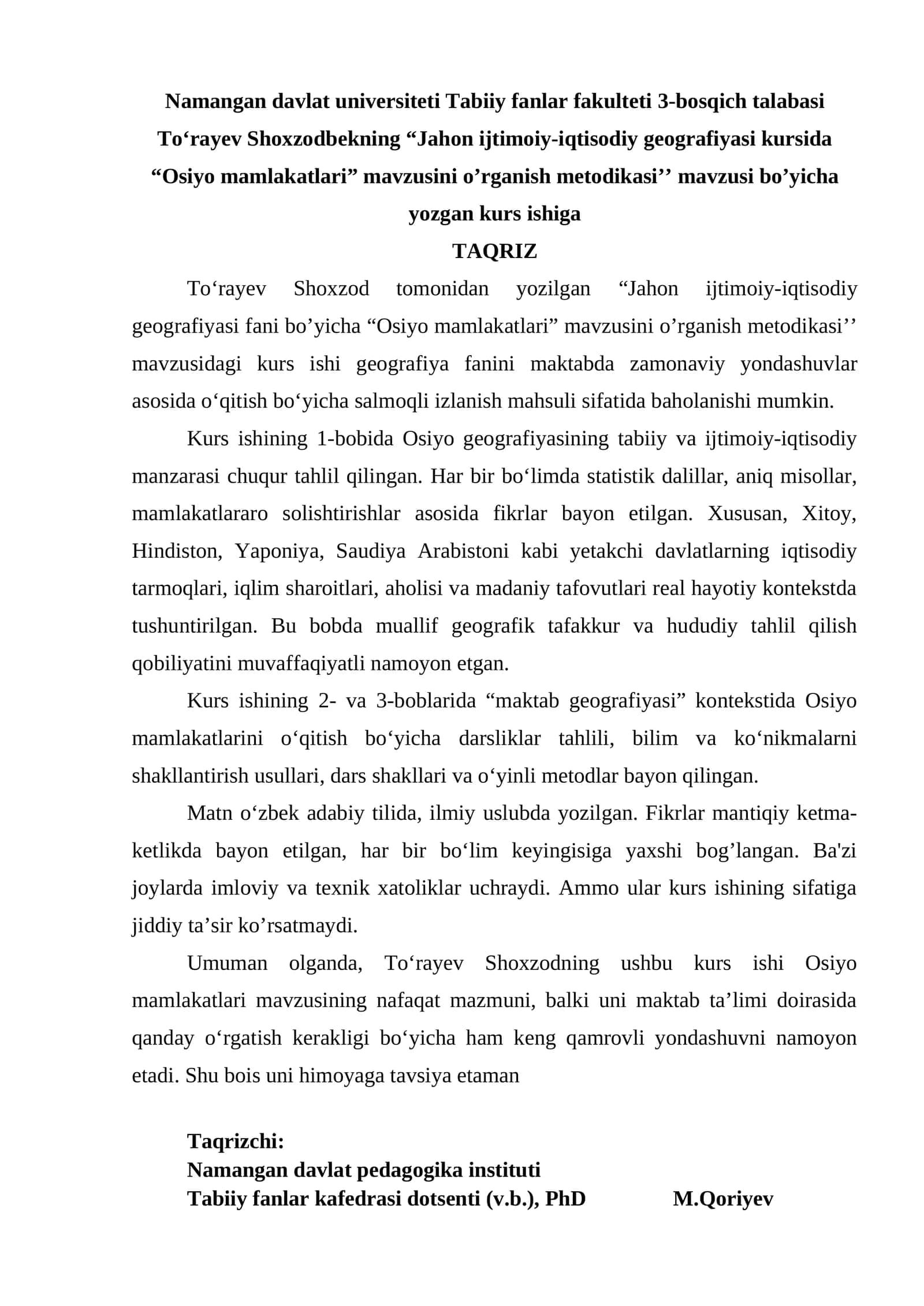 "Jahon ijtimoiy-iqtisodiy geografiyasi kursida Osiyo mamlakatlari" kurs ishi