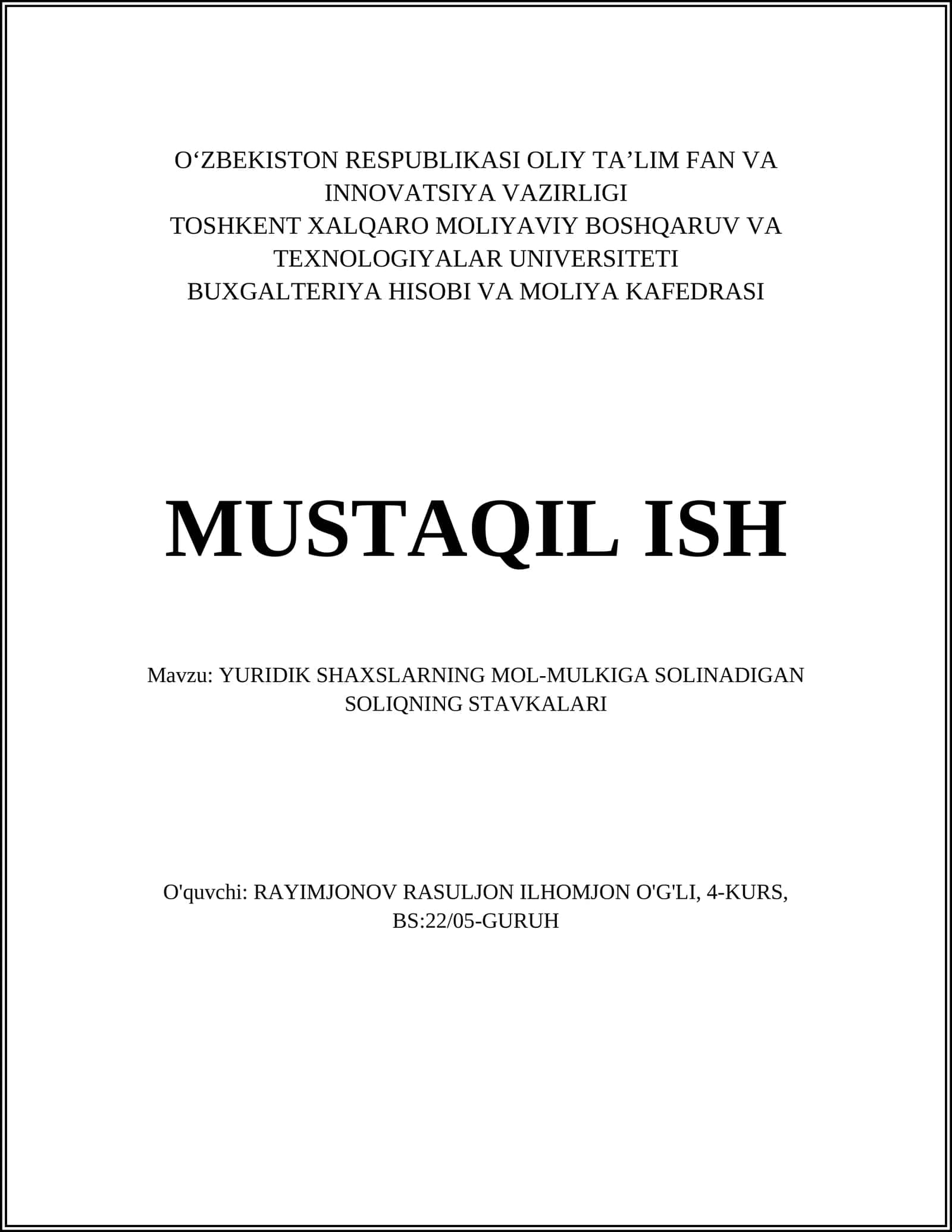 YURIDIK SHAXSLARNING MOL-MULKIGA SOLINADIGAN SOLIQNING STAVKALARI