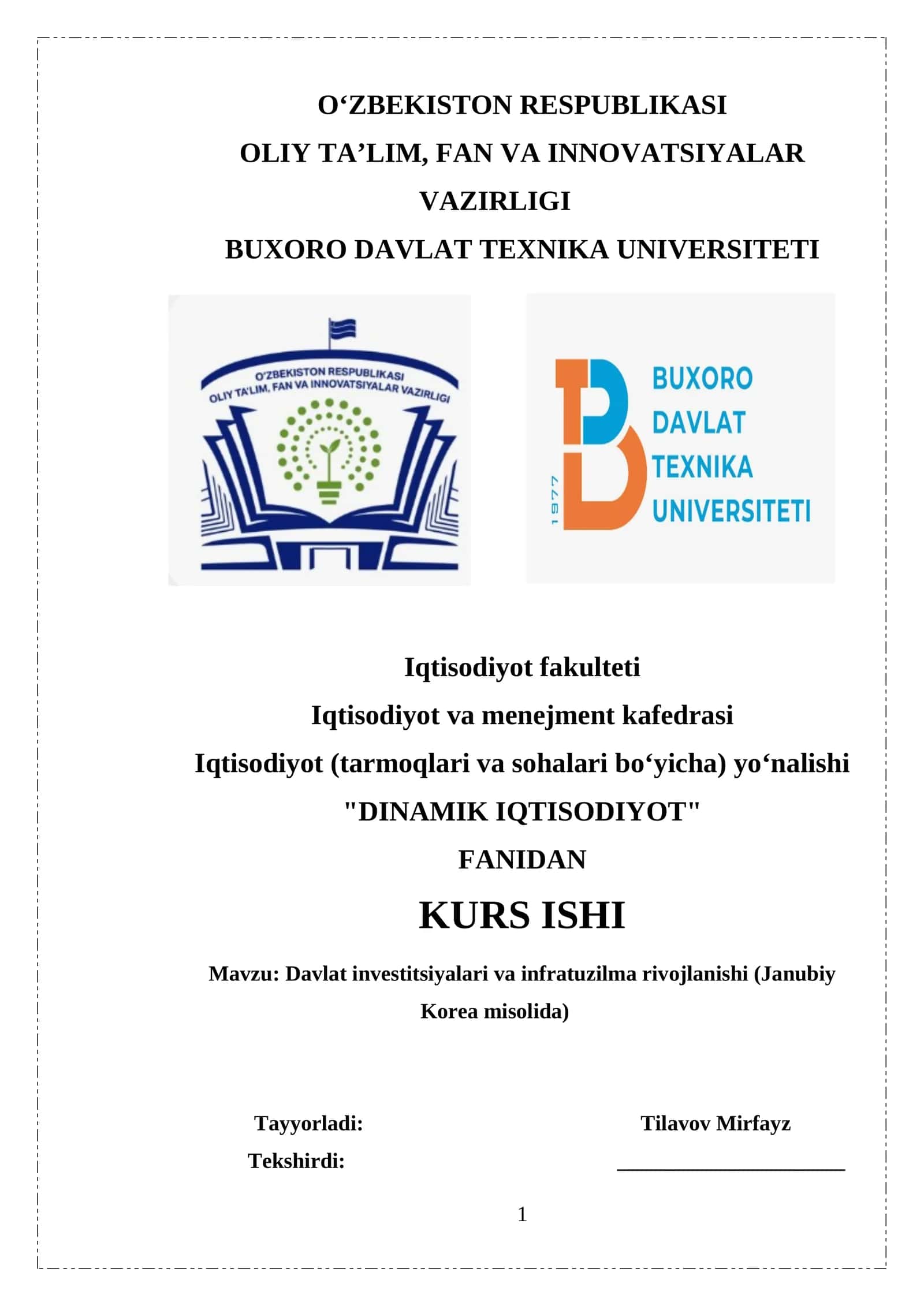 DINAMIK IQTISODIYOT KURS ISHI