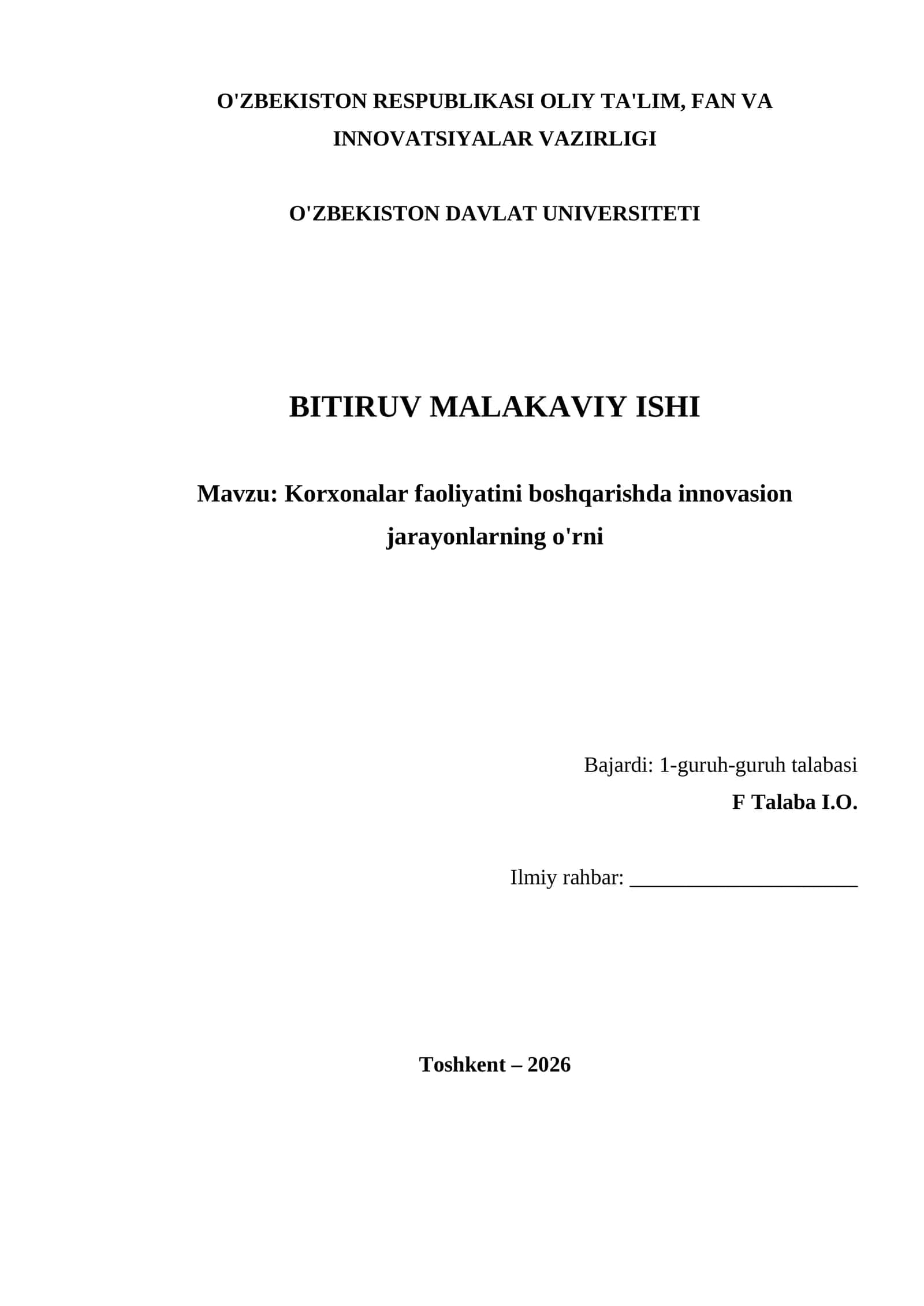 Korxonalar faoliyatini boshqarishda innovasion jarayonlarning o'rni
