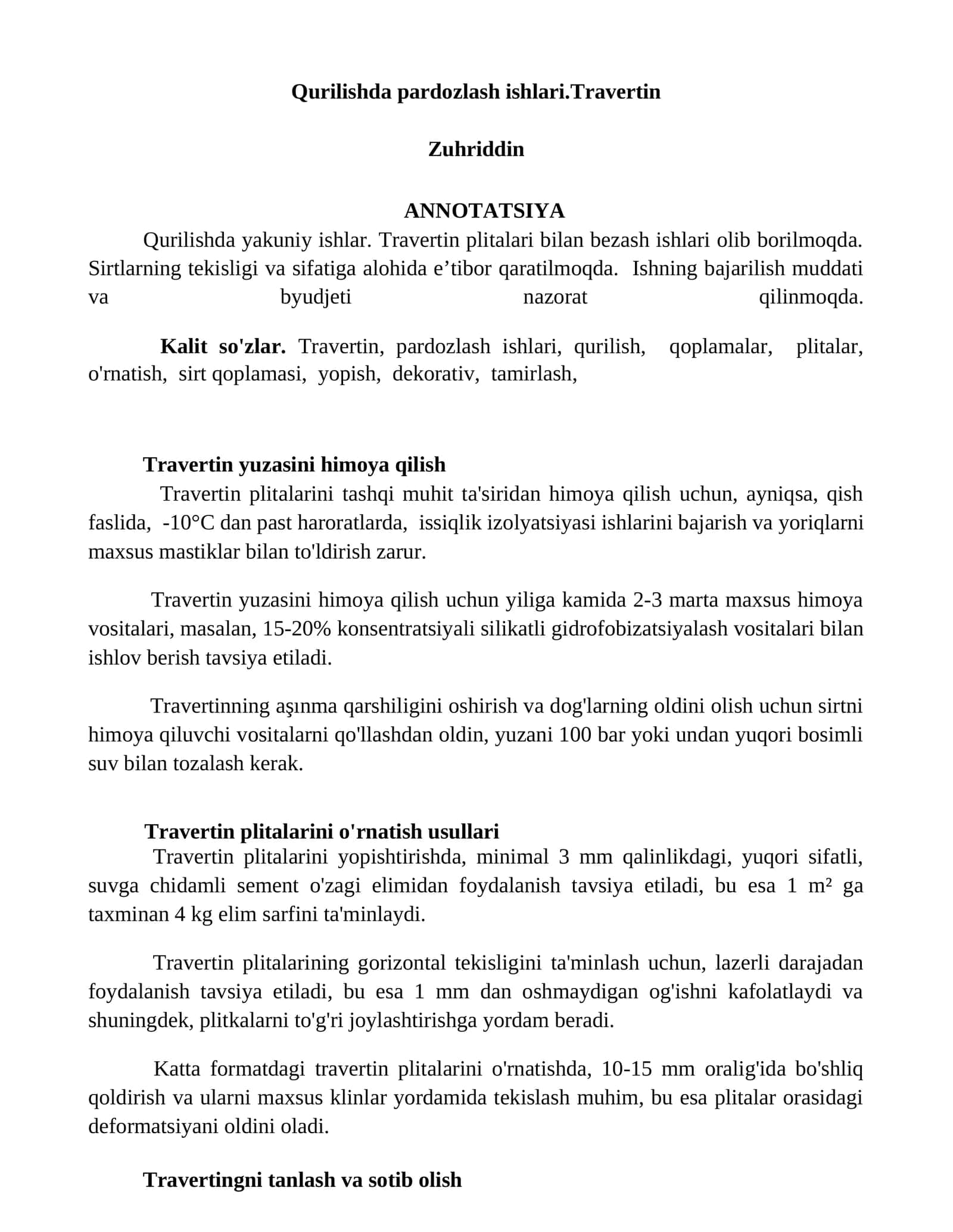 Travertin plitalari bilan bezash ishlari