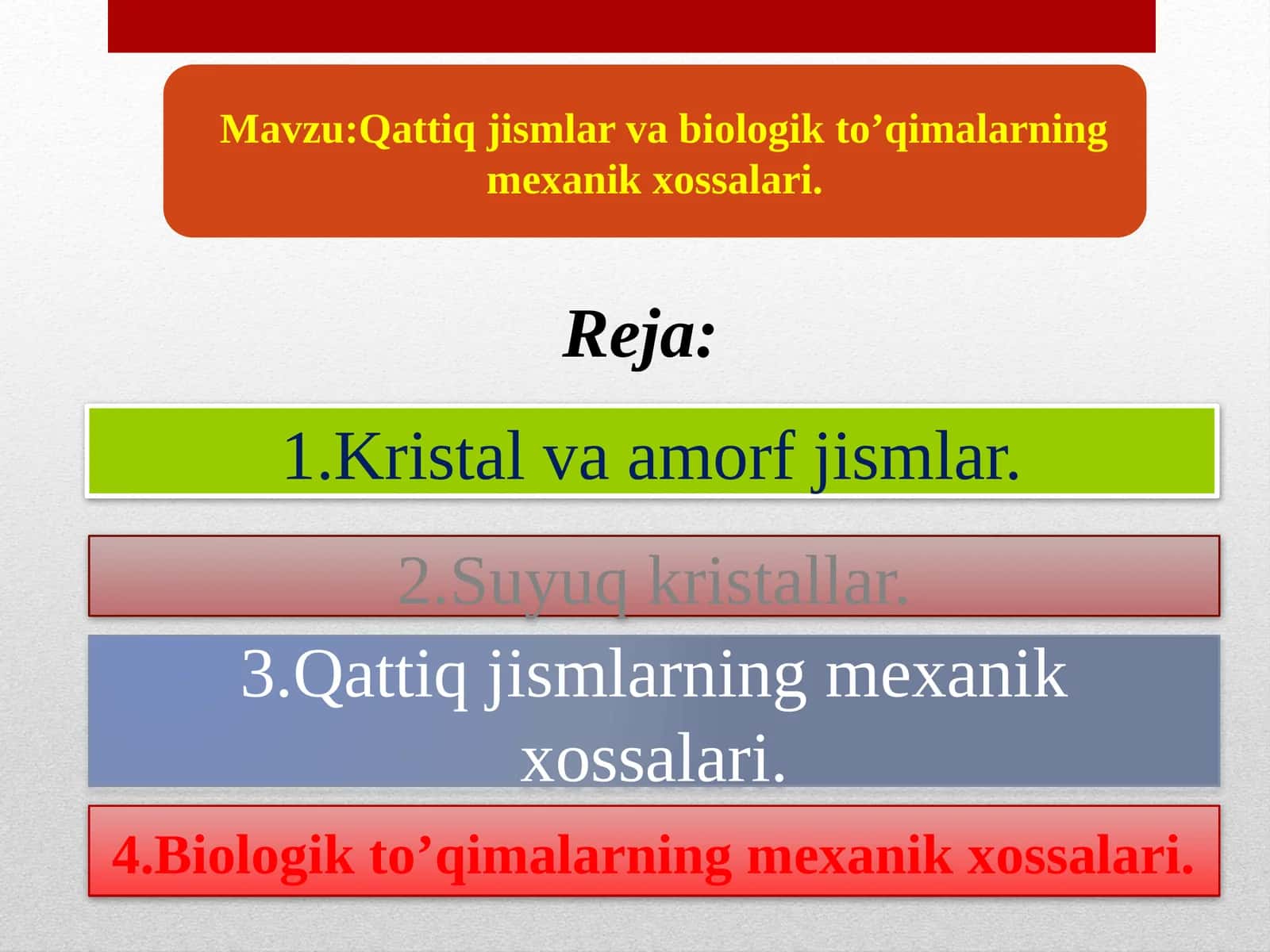 Qattiq jismlar va biologik to'qimalarning mexanik xossalari.