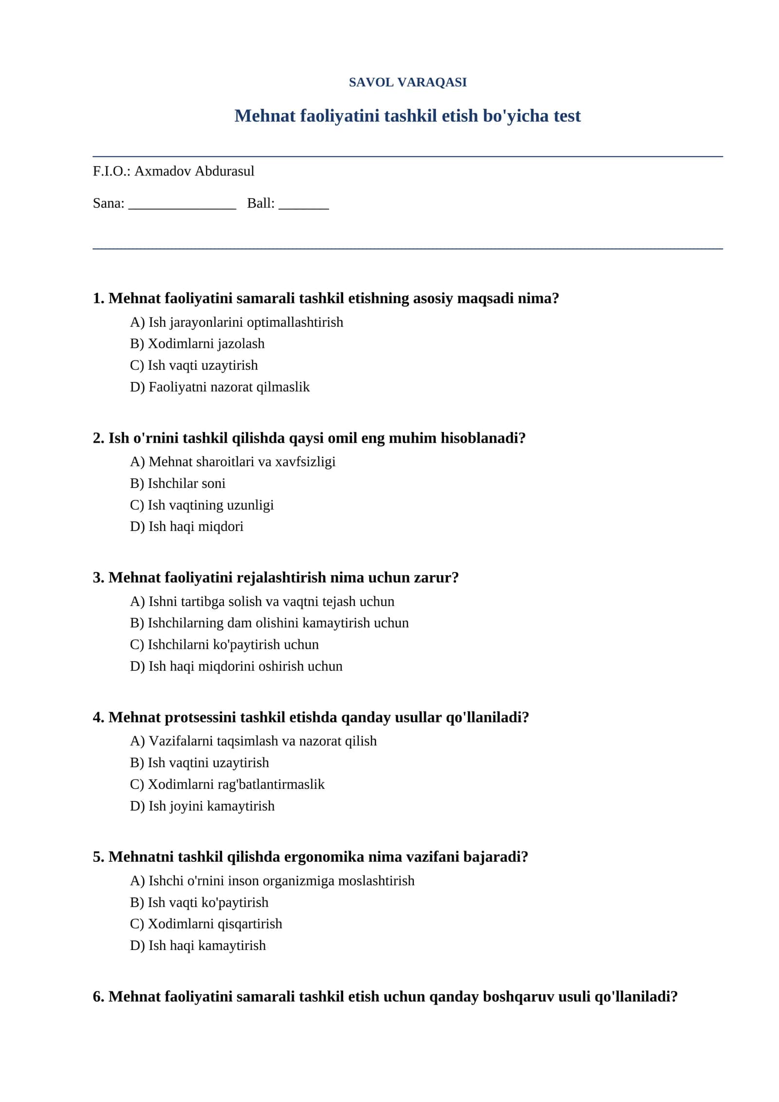 Mehnat faoliyatini tashkil etish bo'yicha test