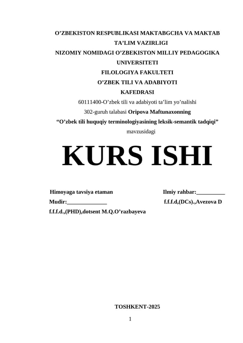 "O'zbek tili huquqiy terminologiyasining leksik-semantik tadqiqi"