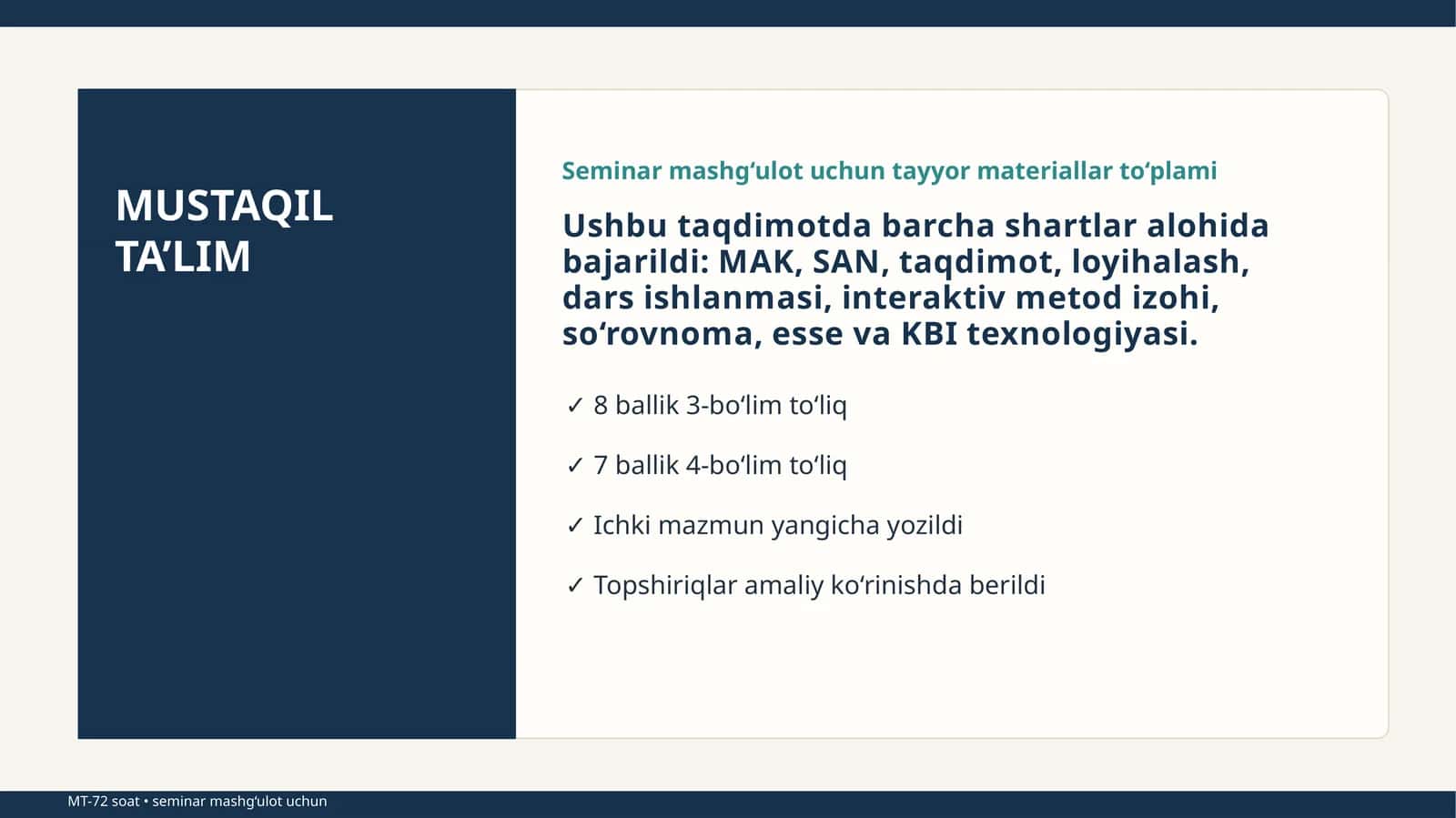MUSTAQIL TA’LIM Seminar Mashg‘ulot Uchun Tayyor Materiallar To‘plami