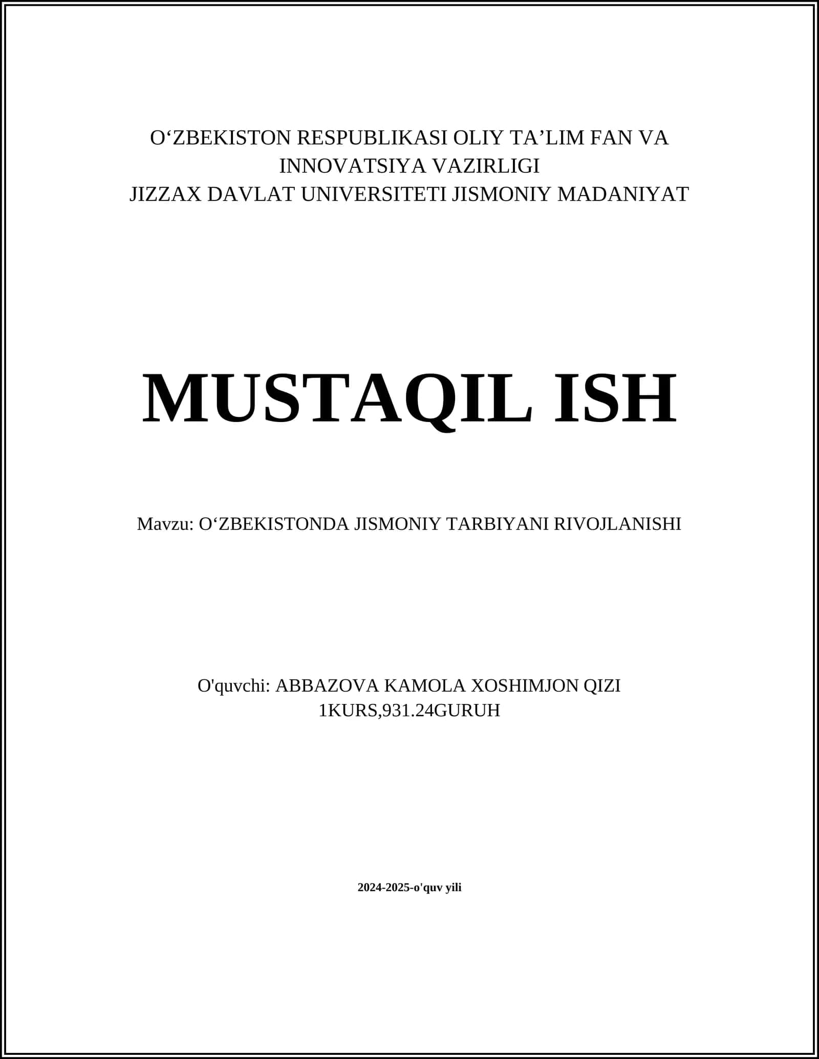 OʻZBEKISTONDA JISMONIY TARBIYANI RIVOJLANISHI
