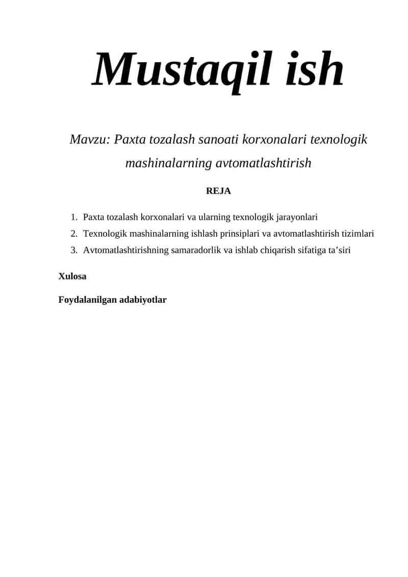 Paxta tozalash sanoati korxonalari texnologik mashinalarning avtomatlashtirish