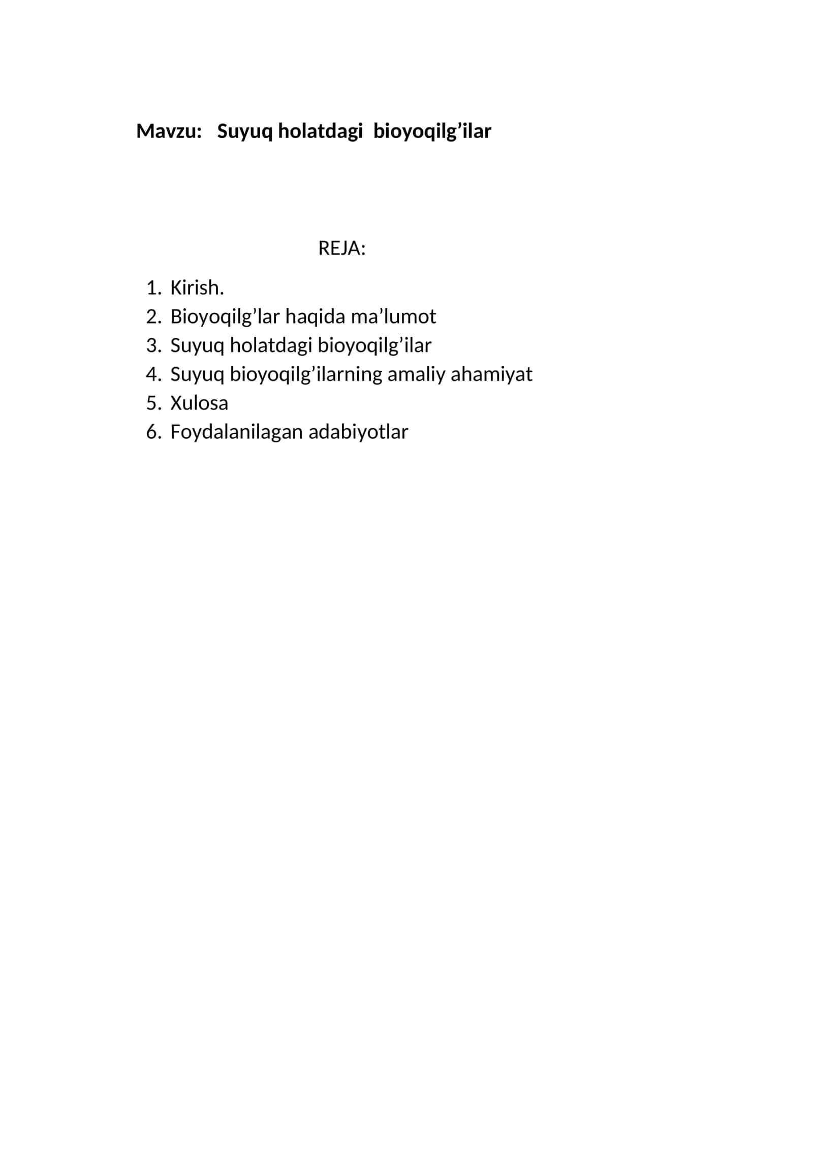 Suyuq holatdagi bioyoqilg’ilar mavzusida tayyor kurs ish.