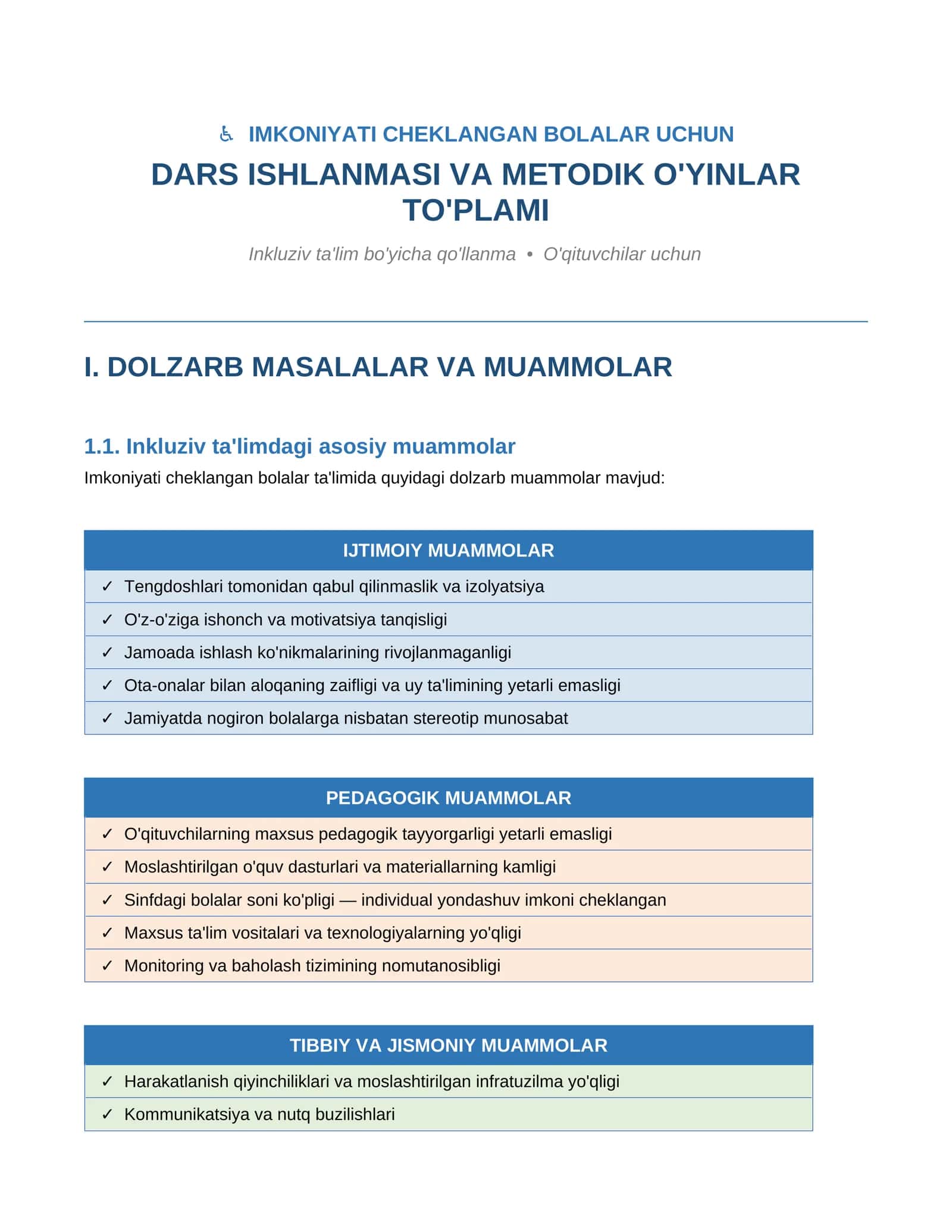 IMKONIYATI CHEKLANGAN BOLALAR UCHUN DARS ISHLANMASI VA METODIK O'YINLAR TO'PLAMI
