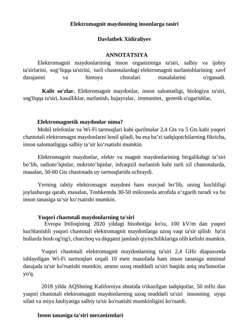 Elektromagnit maydonning insonlarga tasiri