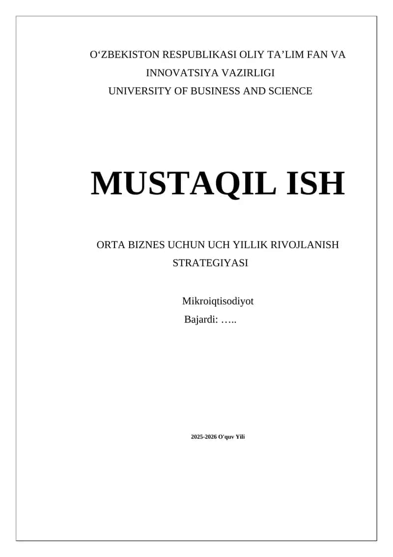 ORTA BIZNES UCHUN UCH YILLIK RIVOJLANISH STRATEGIYASI