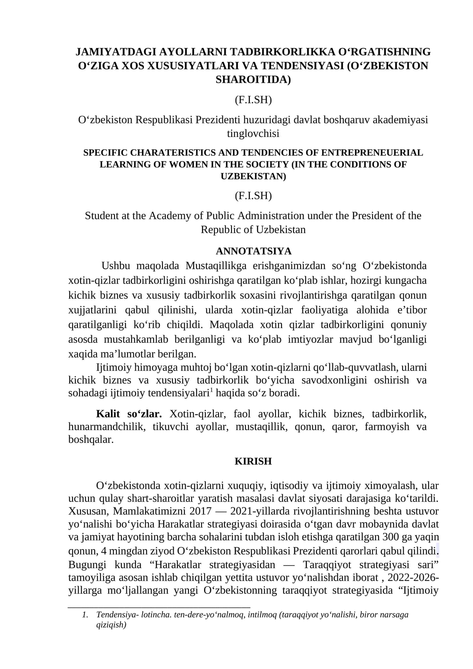 JAMIYATDAGI AYOLLARNI TADBIRKORLIKKA O‘RGATISHNING O‘ZIGA XOS XUSUSIYATLARI VA TENDENSIYASI (O‘ZBEKISTON SHAROITIDA)