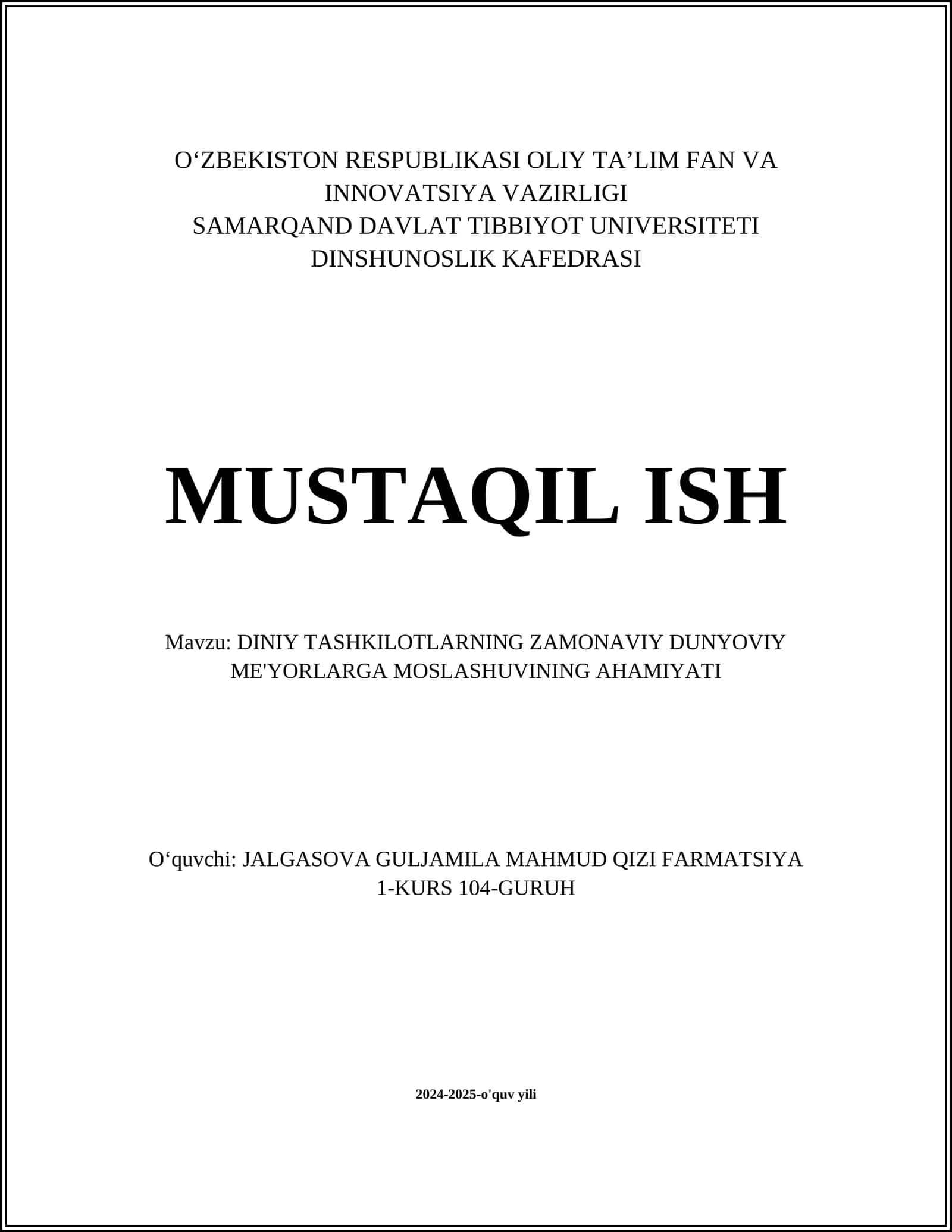 DINIY TASHKILOTLARNING ZAMONAVIY DUNYOVIY ME'YORLARGA MOSLASHUVINING AHAMIYATI