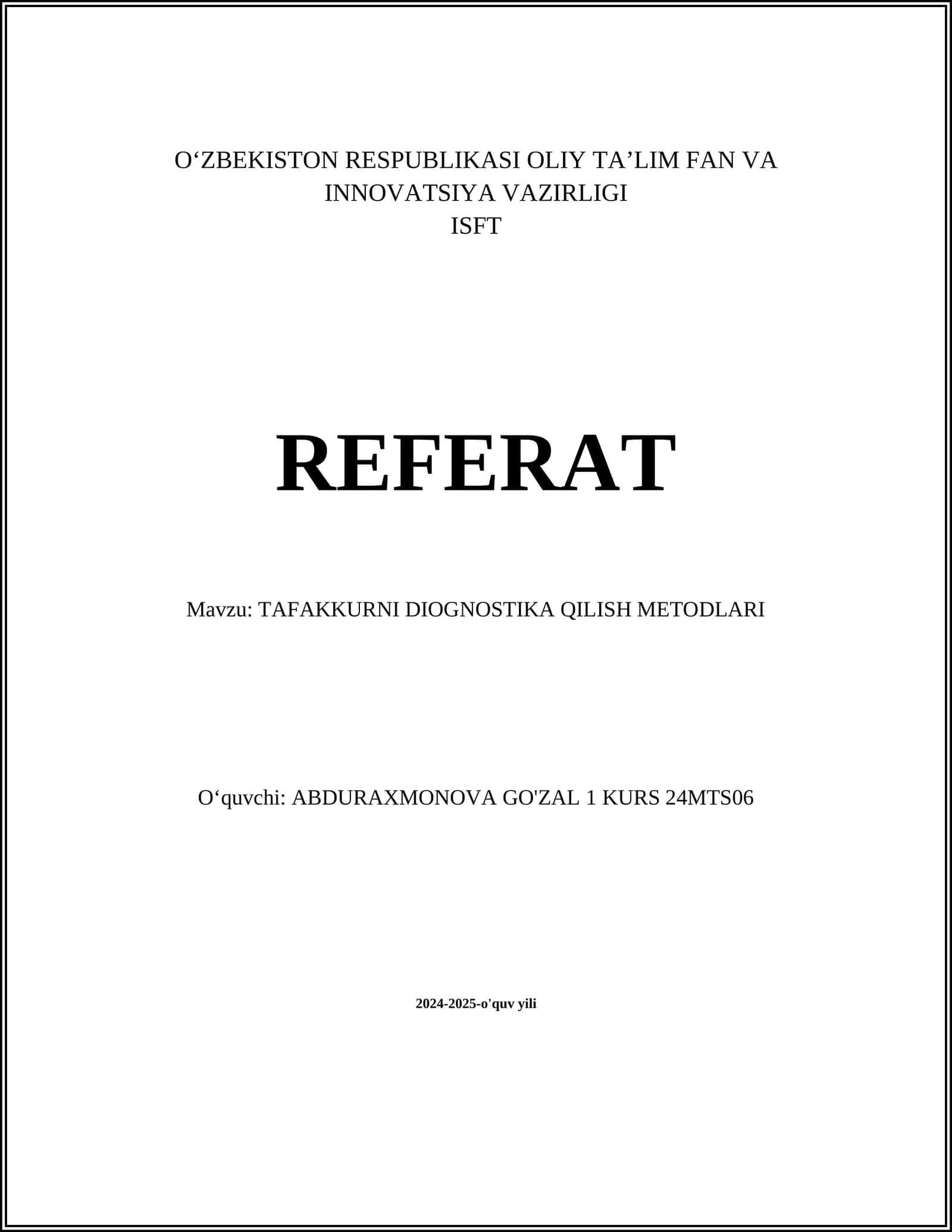 TAFAKKURNI DIOGNOSTIKA QILISH METODLARI
