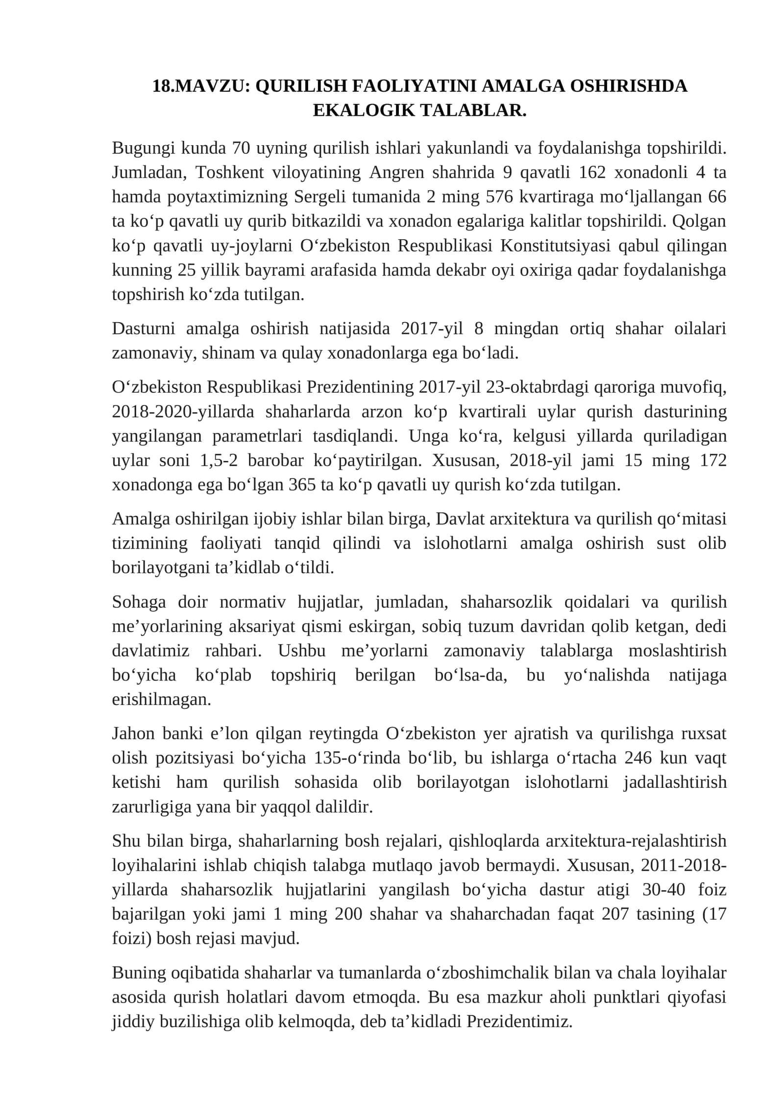 QURILISH FAOLIYATINI AMALGA OSHIRISHDA EKALOGIK TALABLAR