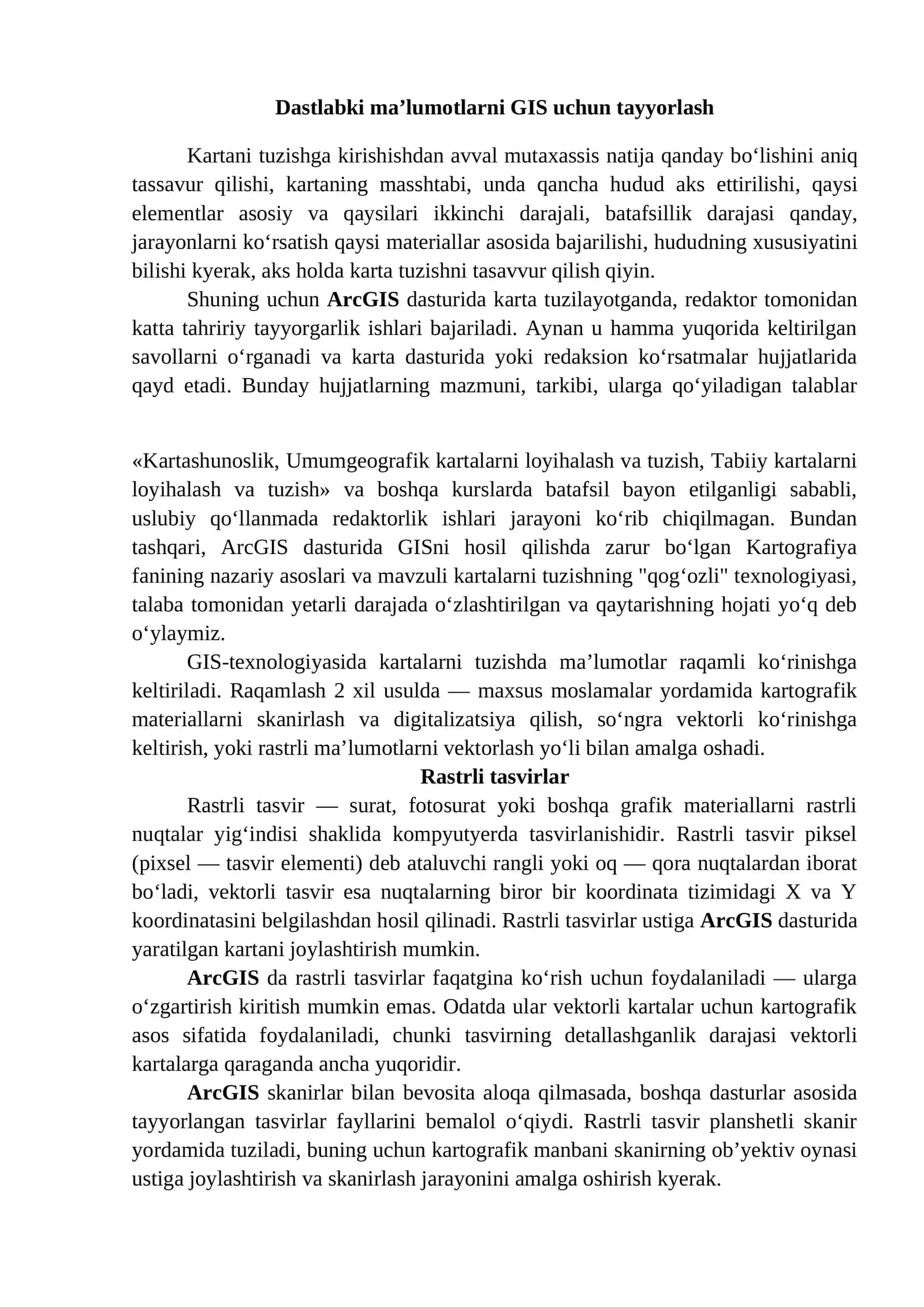 Dastlabki ma’lumotlarni GIS uchun tayyorlash