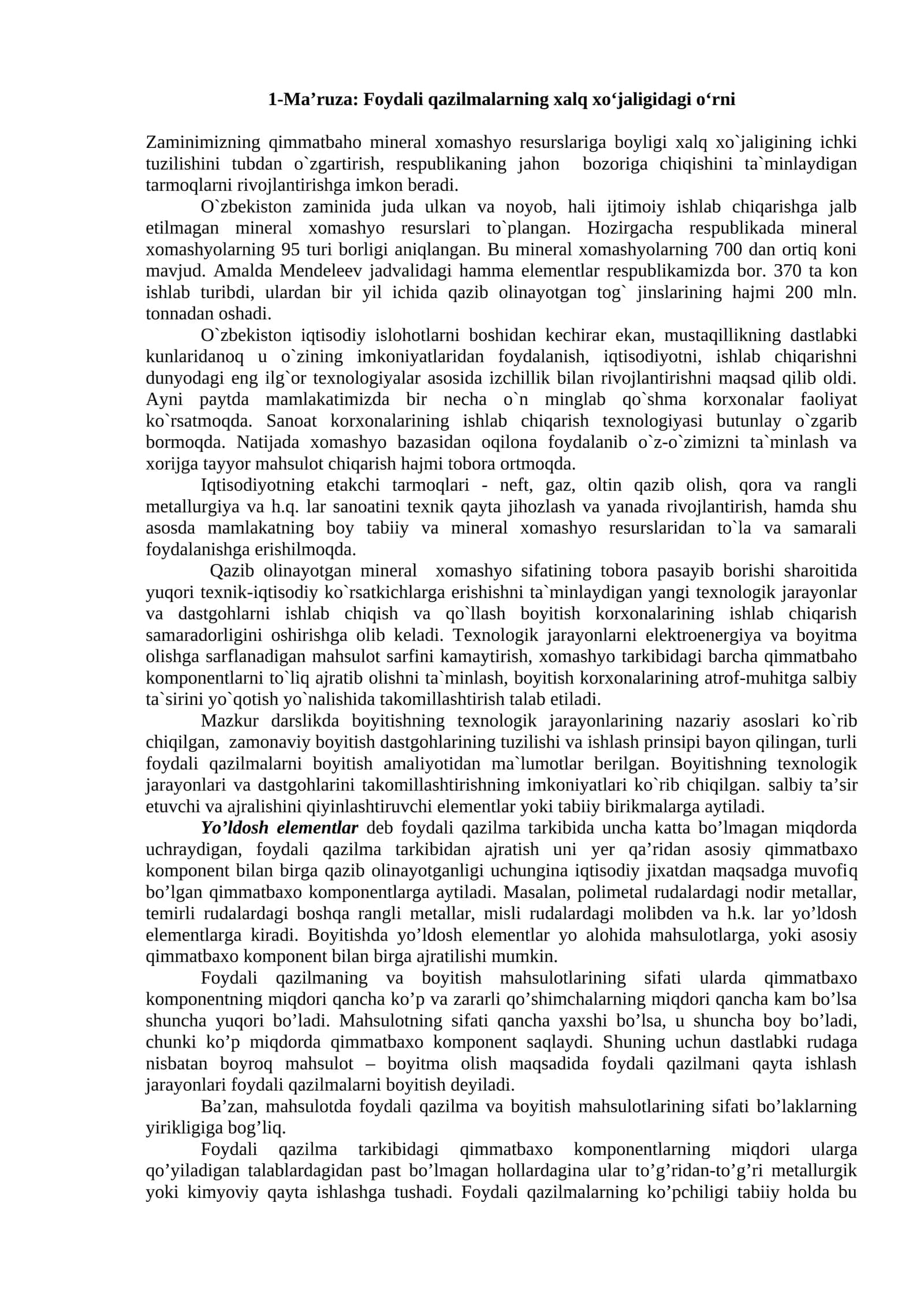 Ma’ruza: Foydali qazilmalarning xalq xo‘jaligidagi o‘rni