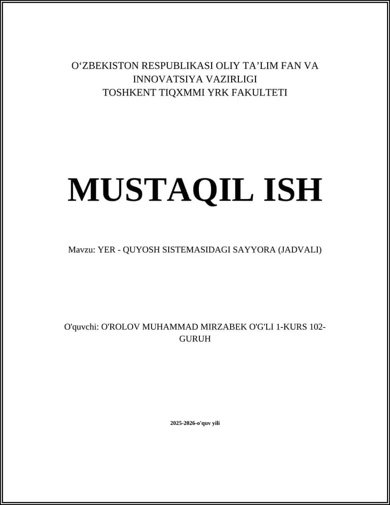 YER - QUYOSH SISTEMASIDAGI SAYYORA (JADVALI)