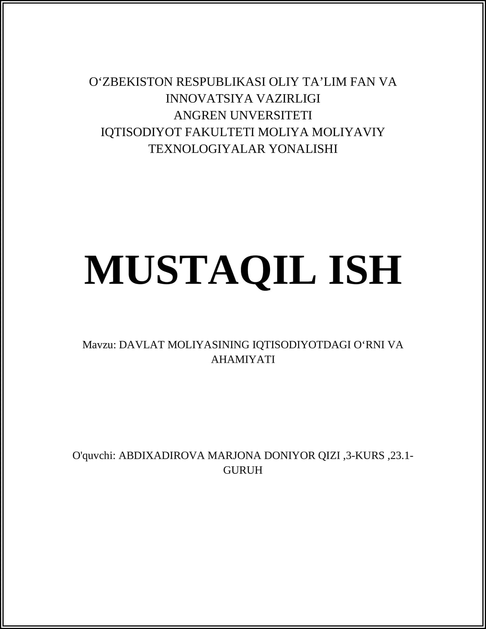 DAVLAT MOLIYASINING IQTISODIYOTDAGI O‘RNI VA AHAMIYATI