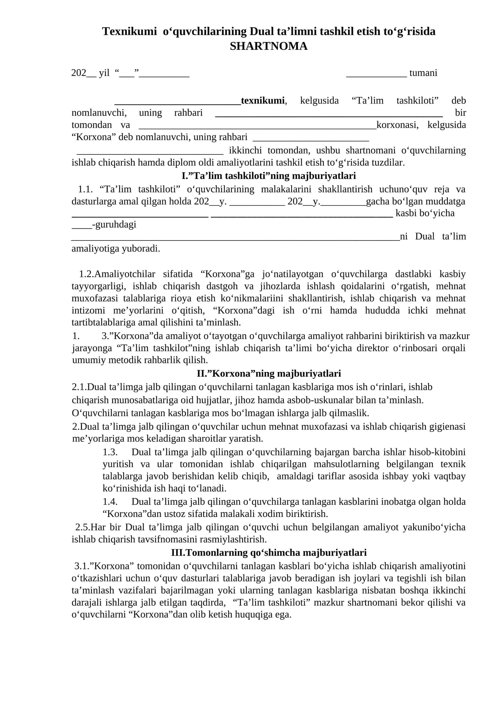 Texnikumi  o‘quvchilarining Dual ta’limni tashkil etish to‘g‘risida  SHARTNOMA