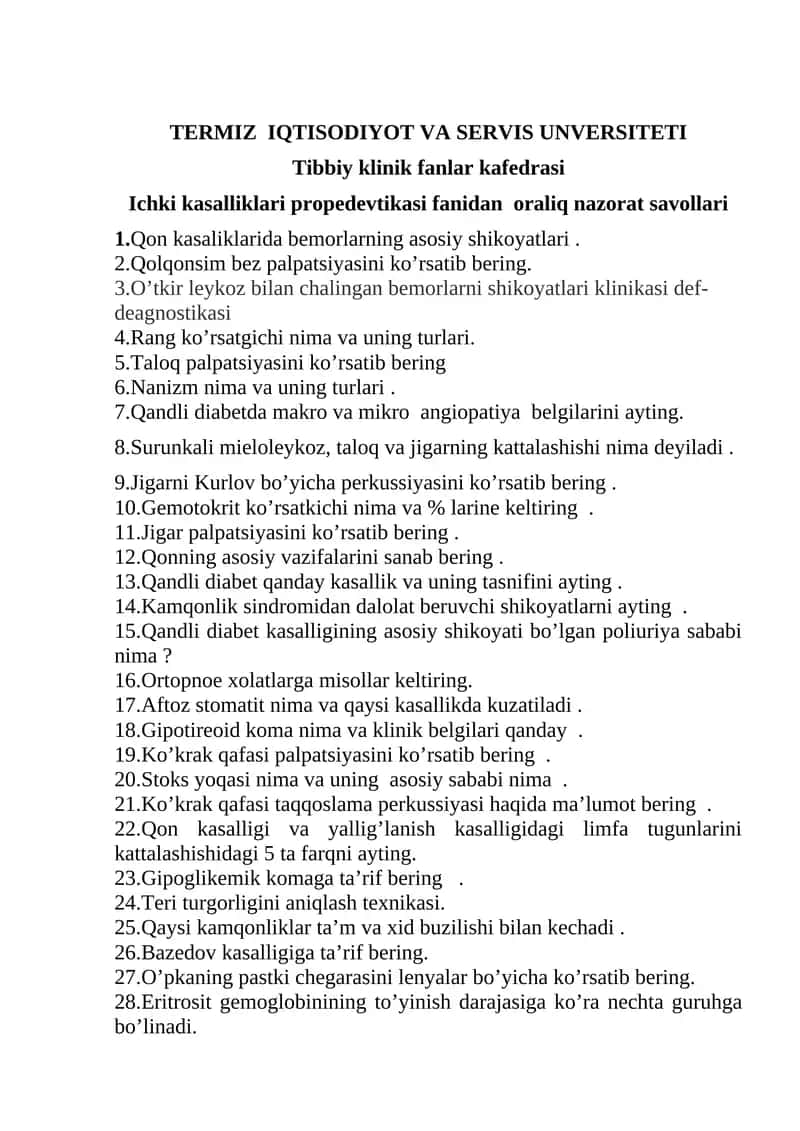Ichki kasalliklari propedevtikasi fanidan oraliq nazorat savollari