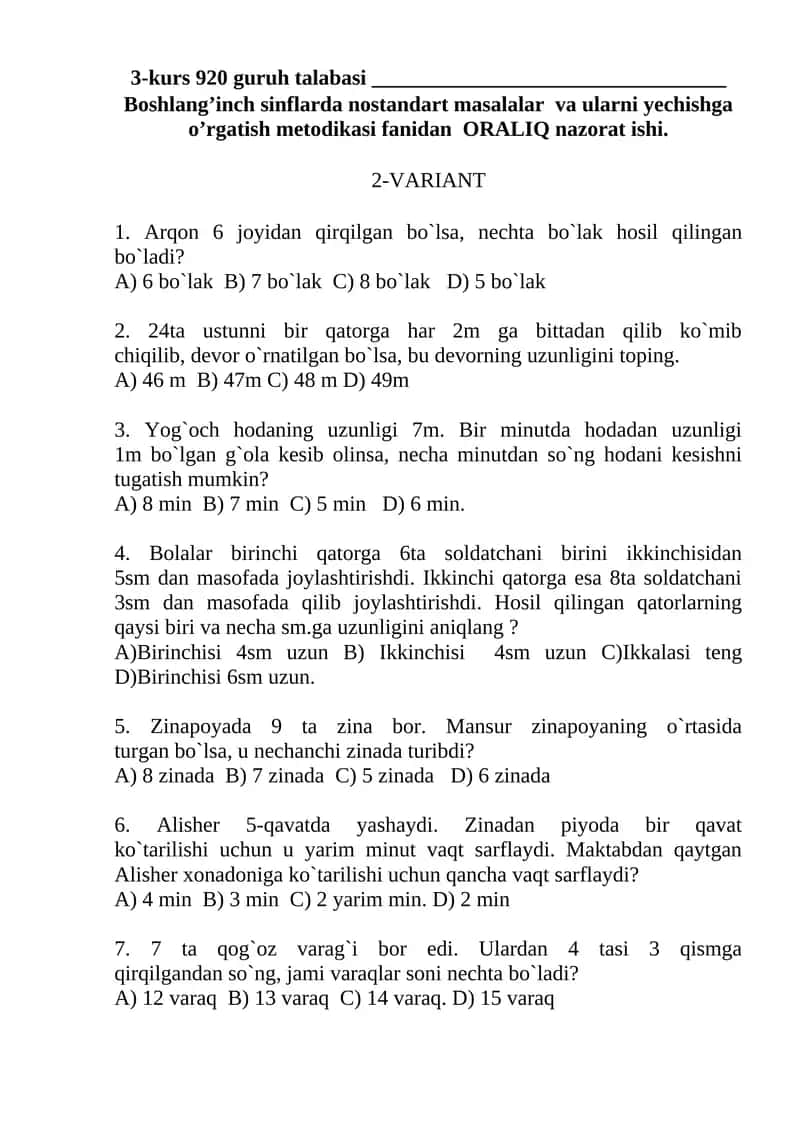 Boshlang’inch sinflarda nostandart masalalar va ularni yechishga o’rgatish metodikasi fanidan ORALIQ nazorat ishi
