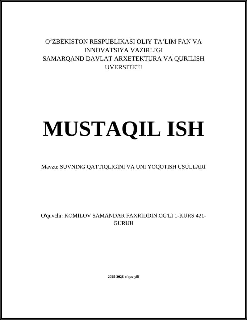 SUVNING QATTIQLIGINI VA UNI YOQOTISH USULLARI