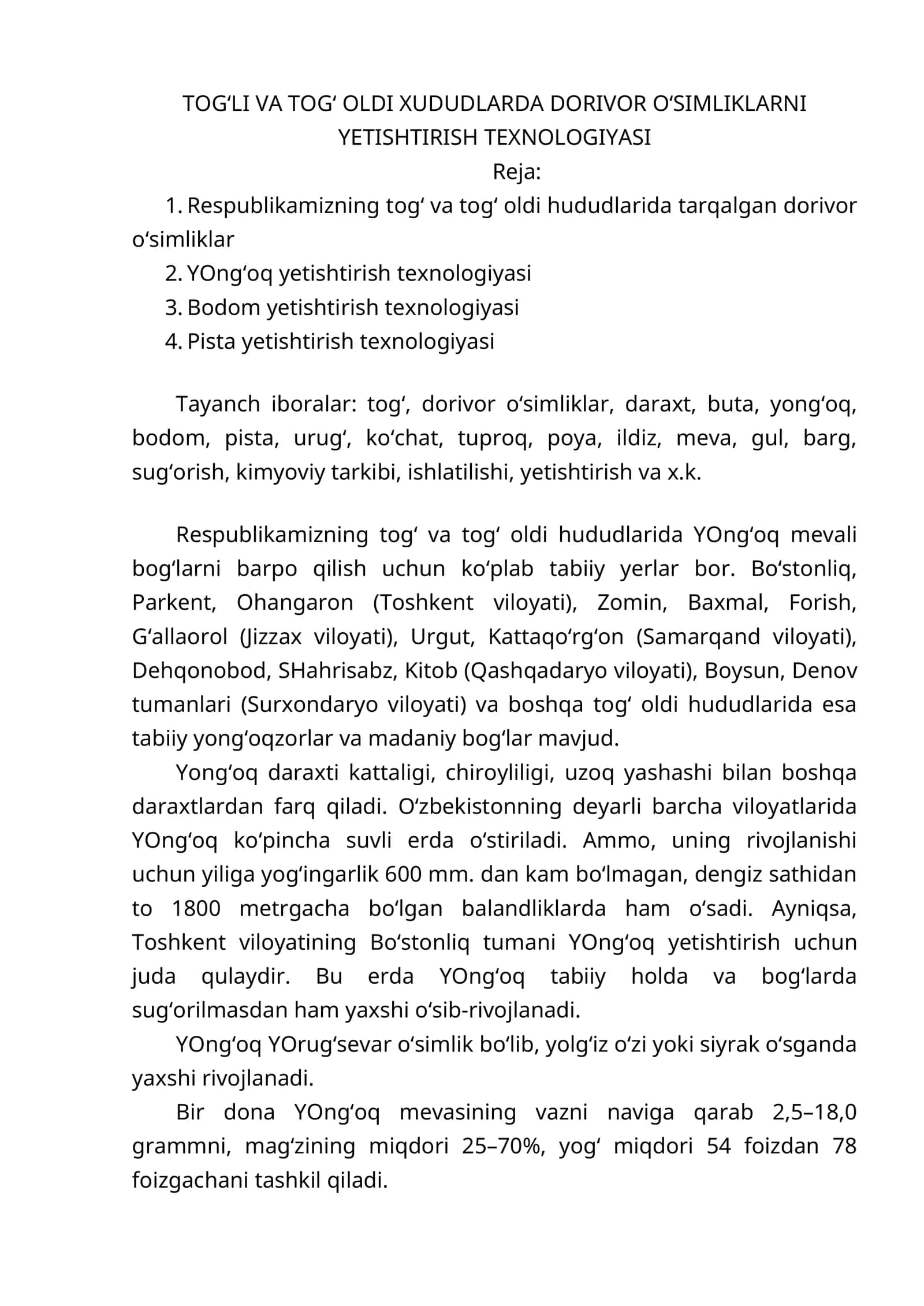 TOG‘LI VA TOG‘ OLDI XUDUDLARDA DORIVOR O‘SIMLIKLARNI YETISHTIRISH TEXNOLOGIYASI