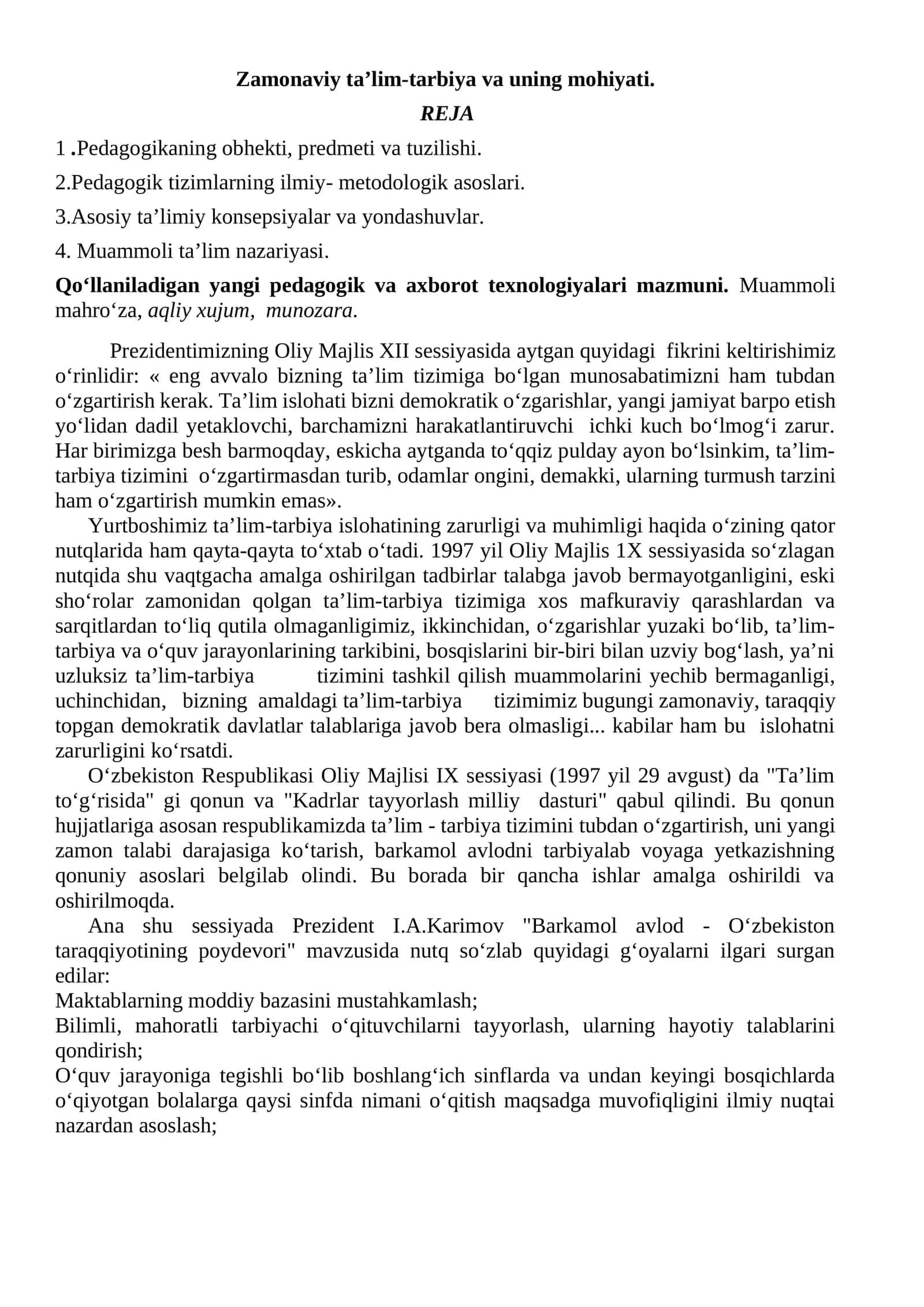 Zamonaviy ta’lim-tarbiya va uning mohiyati