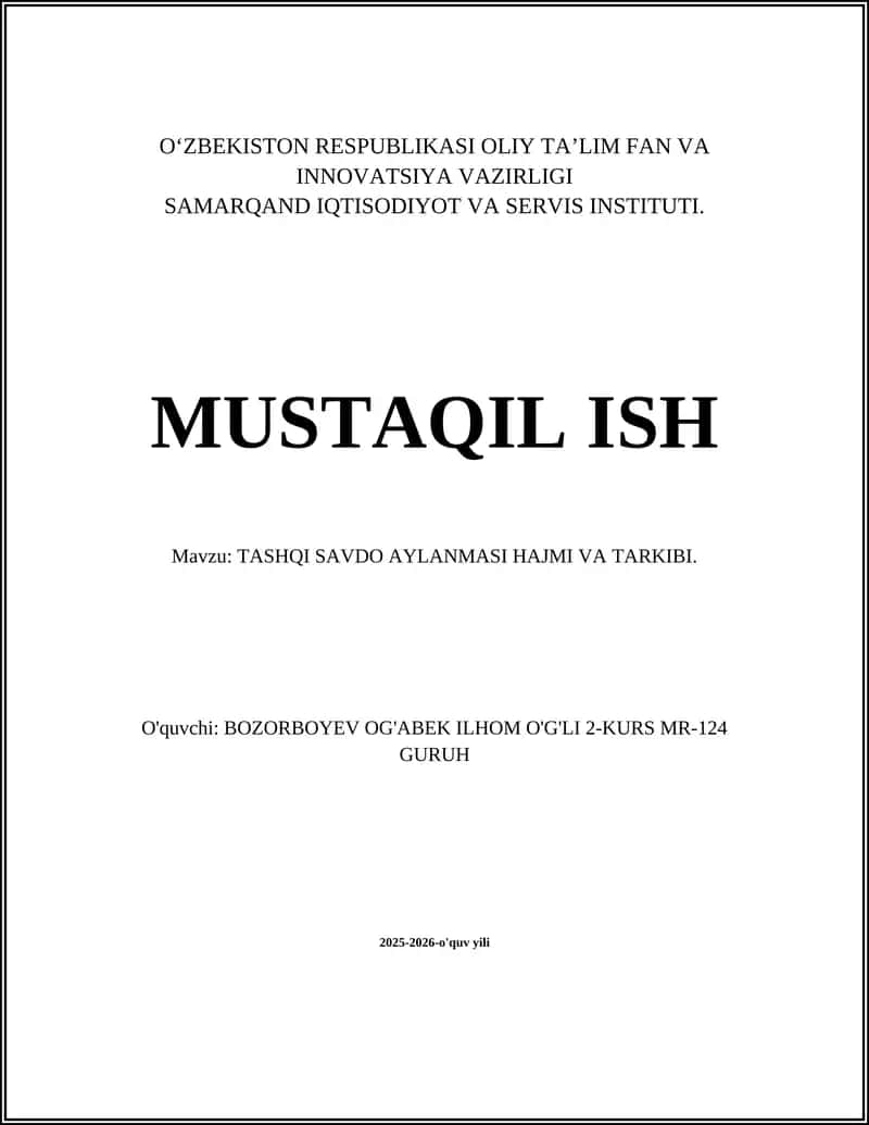 Tashqi Savdo Aylanmasi Hajmi va Tarkibi