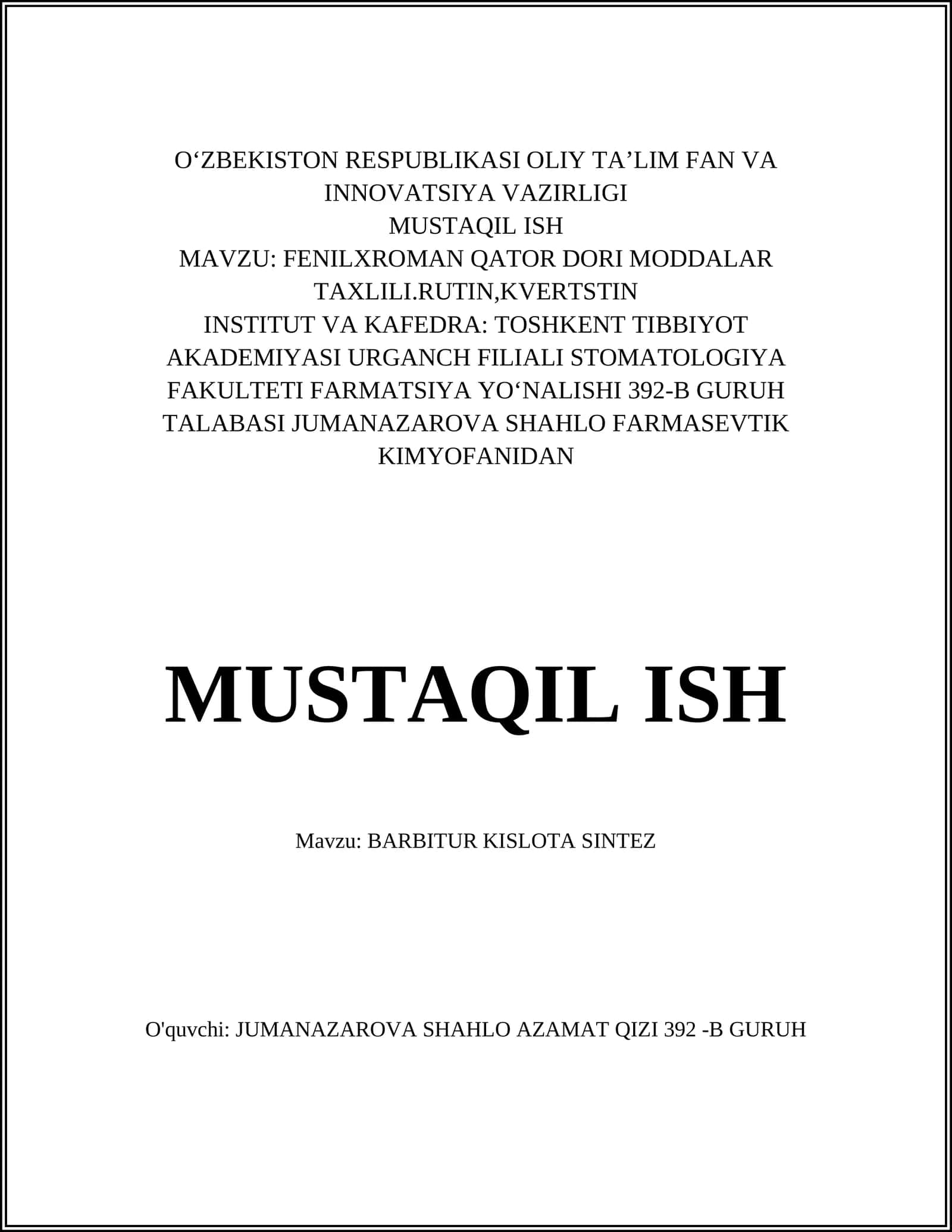 BARBITUR KISLOTA SINTEZ